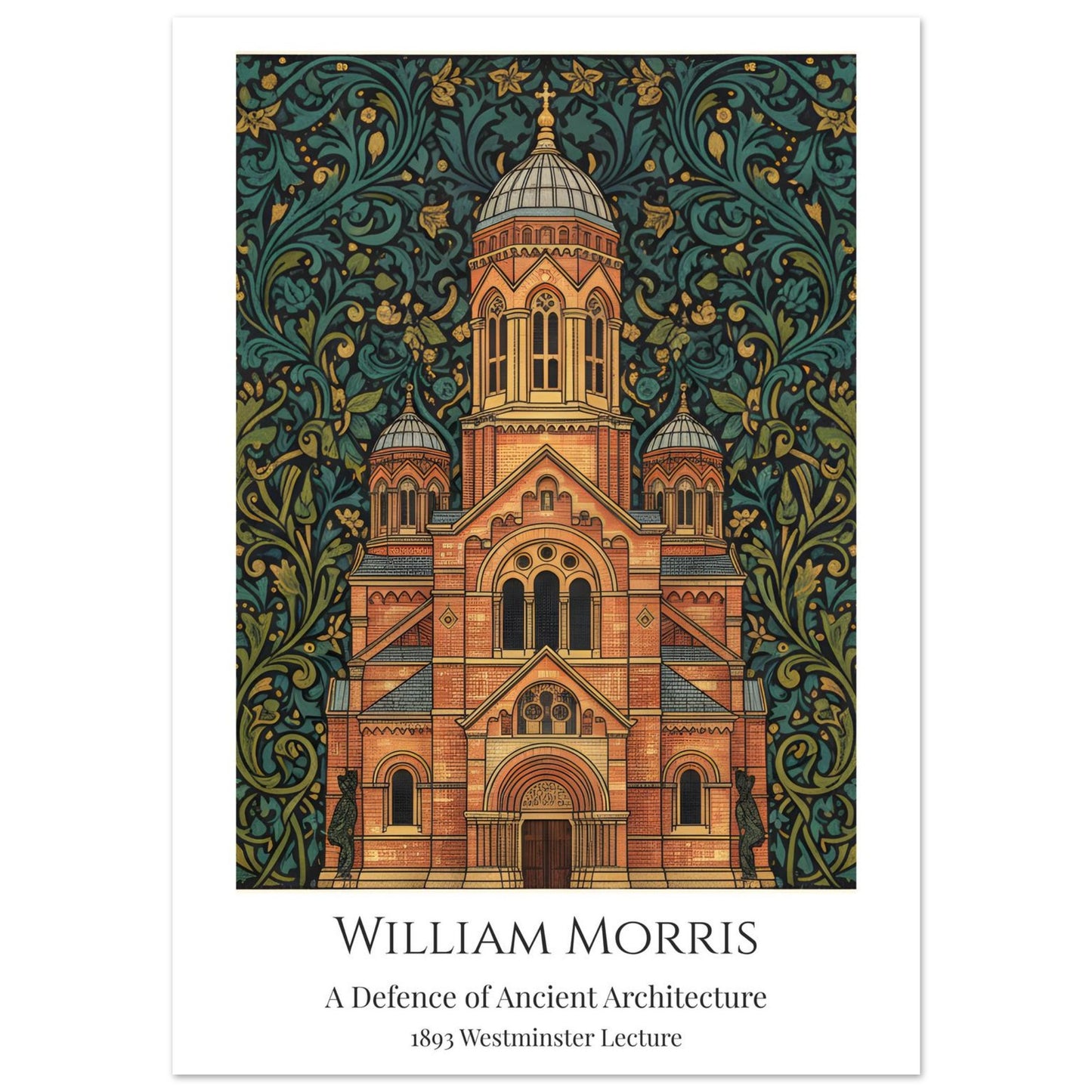 A William Morris style art print of Westminster Cathedral featuring a Neo-Byzantine architectural facade in gold and brick tones. The building is surrounded by an intricate, dense teal and dark green botanical pattern. The bottom features a clean white border with the text: William Morris, A Defence of Ancient Architecture, 1893 Westminster Lecture