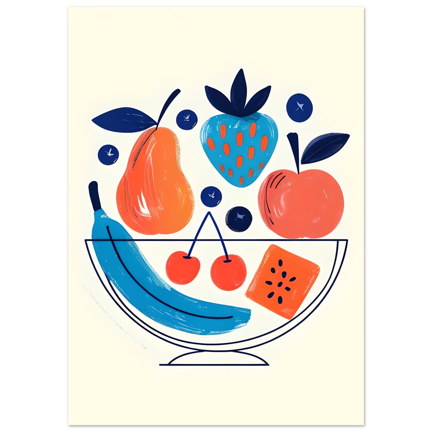 Illustration of a fruit bowl with a pear, strawberry, apple, banana, cherries, and watermelon on a light yellow background.