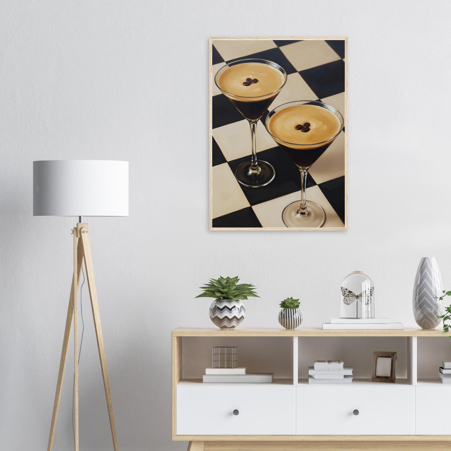 Espresso Martini framed wall art displayed in a bright modern living room above a contemporary sideboard.