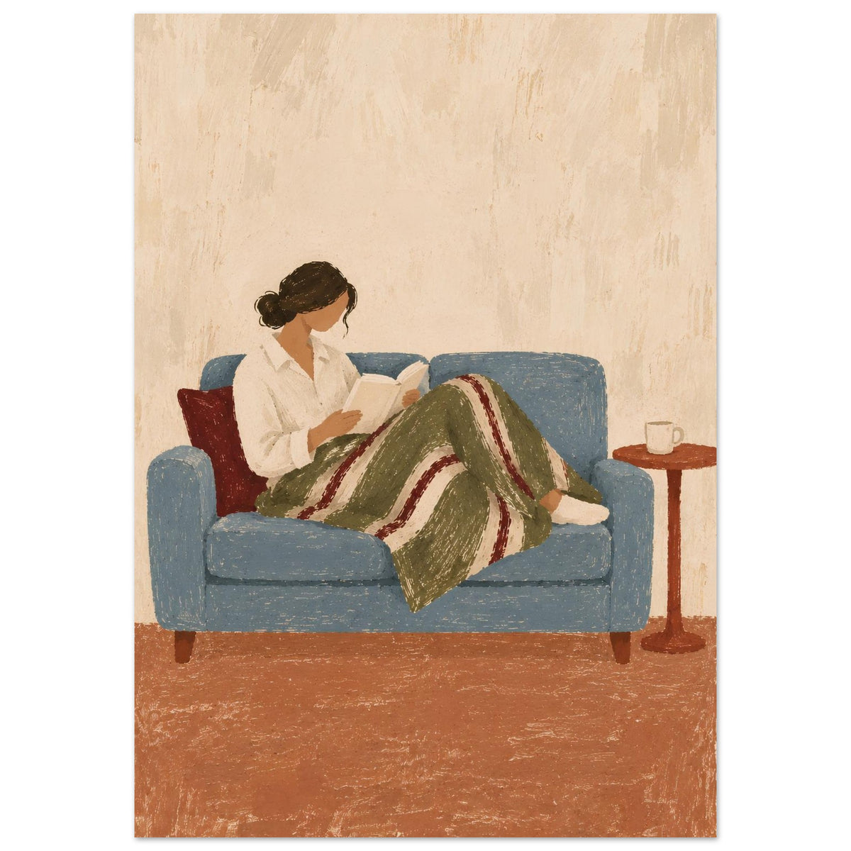 A textured art print depicting a woman reading on a blue couch, wrapped in a green and red striped blanket, with a small side table holding a mug next to her.