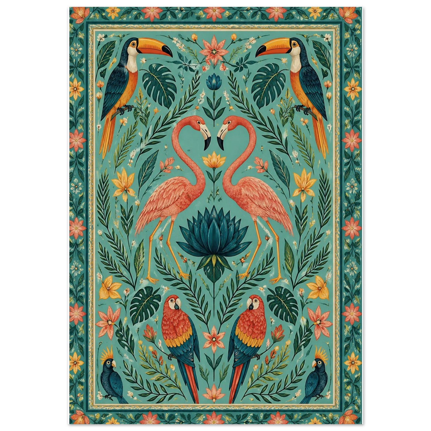 Flamingo and toucan folk art print