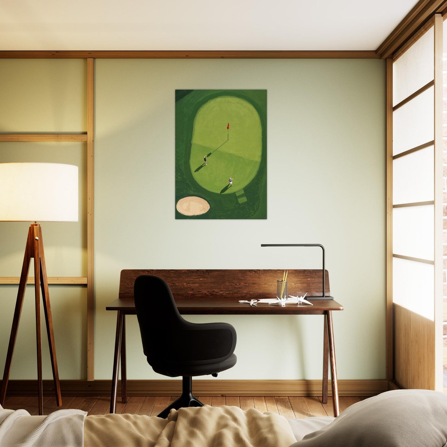 Modern bedroom with wooden desk, black chair, and minimalist golf wall art