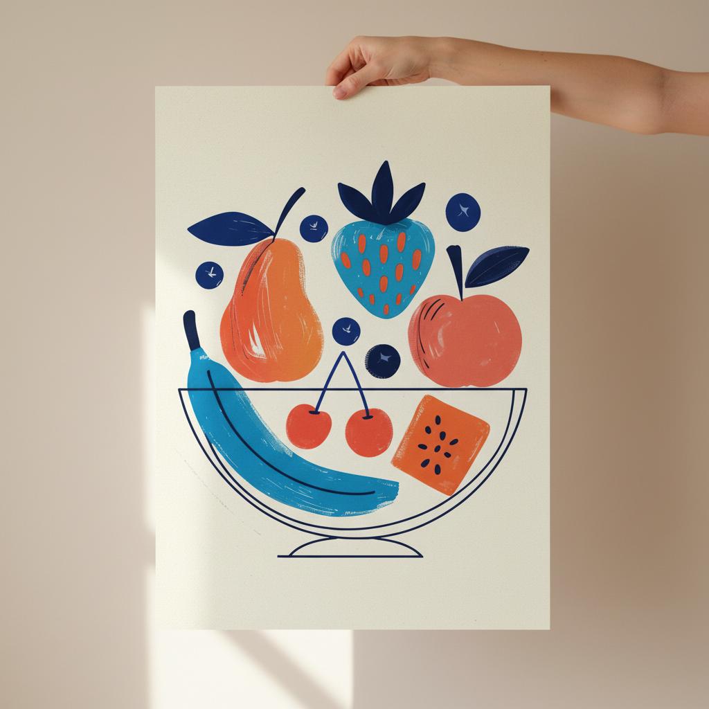 Framed artwork of colorful fruit illustration held by a hand against a beige background