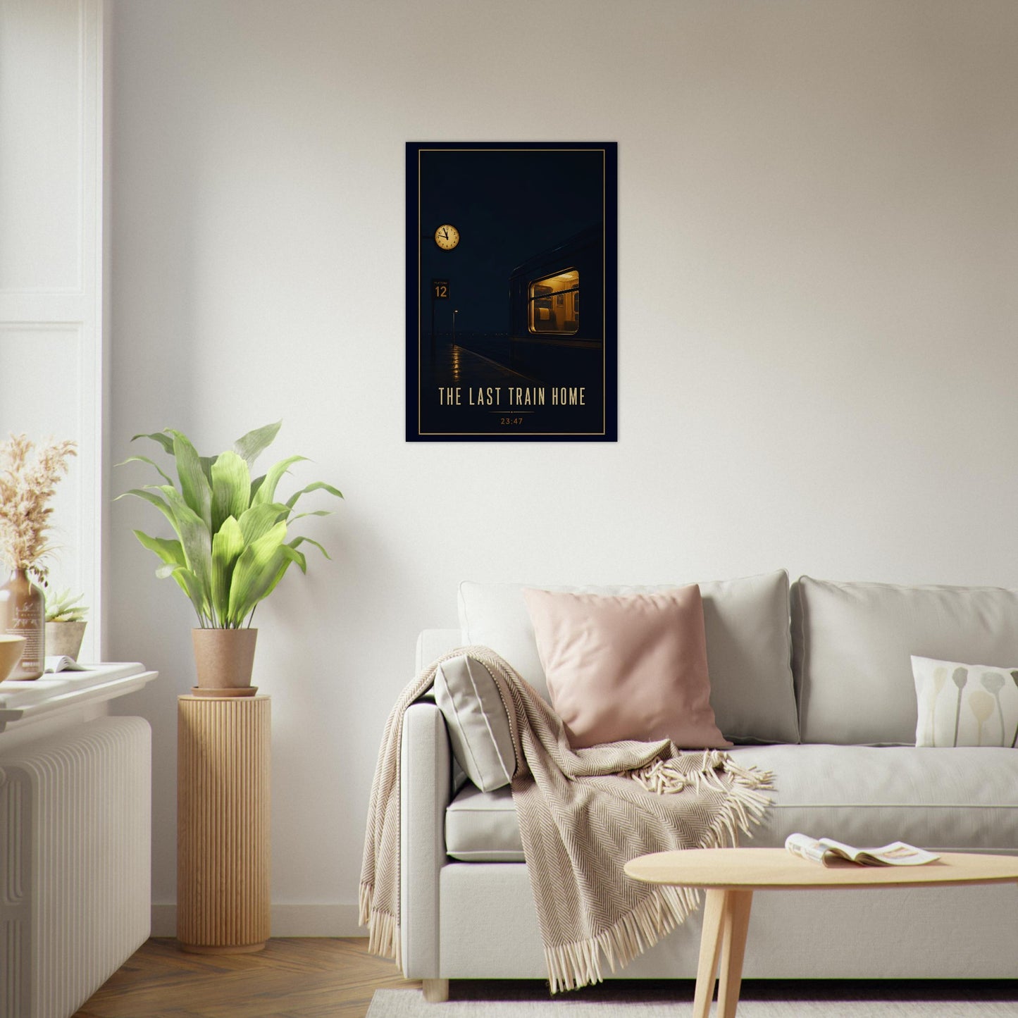 Framed artwork titled 'The Last Train Home' on a wall above a sofa in a living room.
