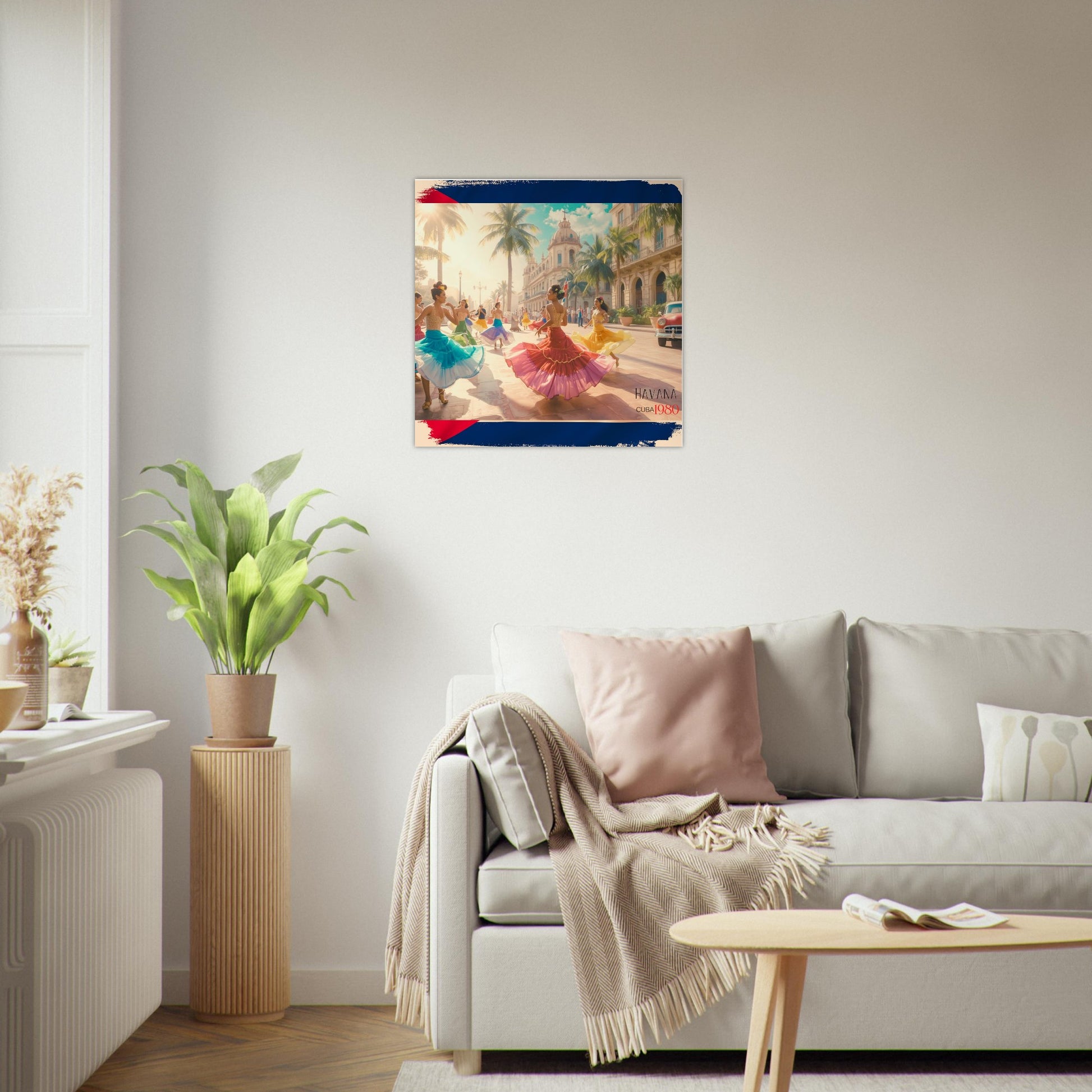 Living room with a painting of a woman in a pink dress on the wall, a couch with pillows, and a plant.