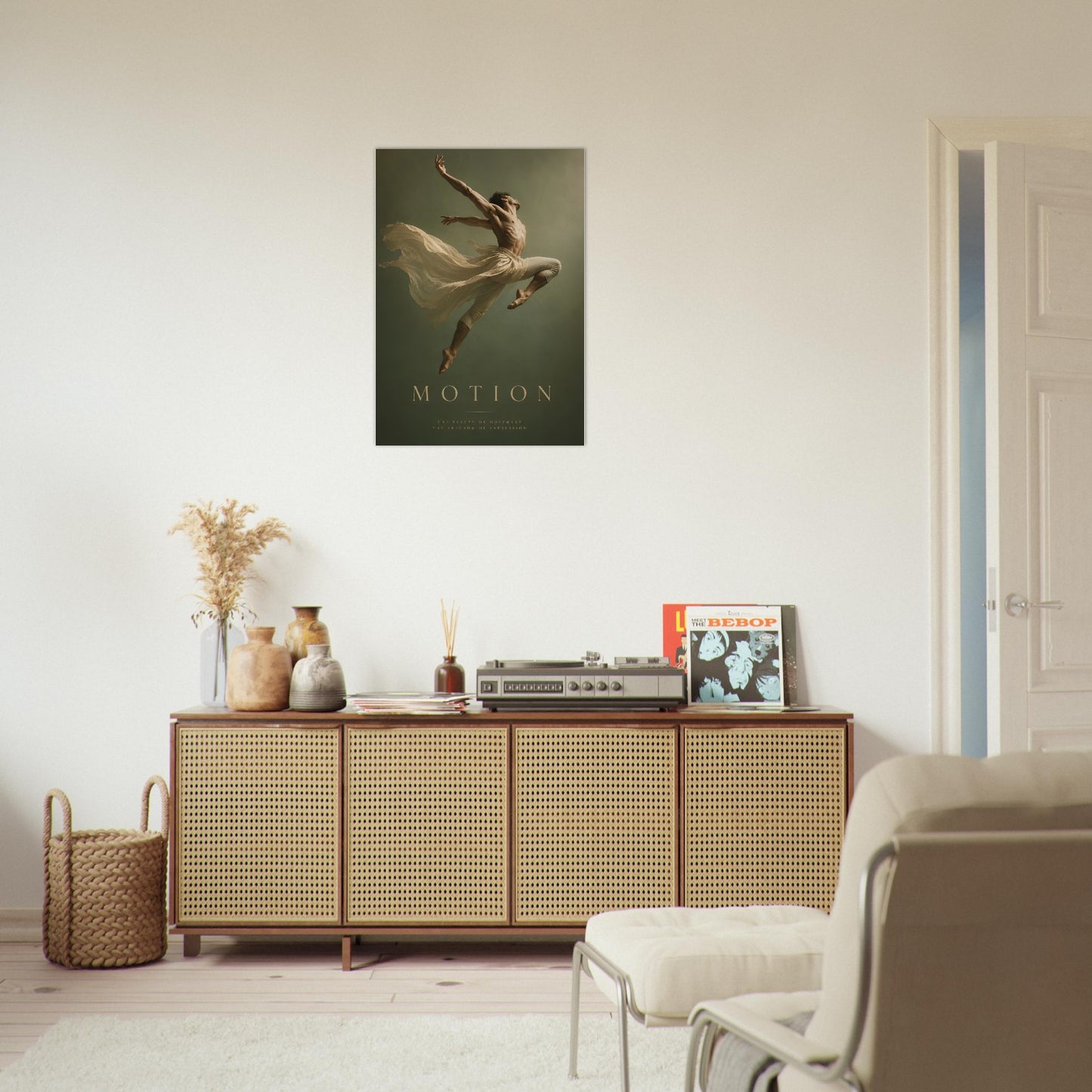 Motion contemporary wall art displayed above a sideboard in a stylish living room with warm natural décor.