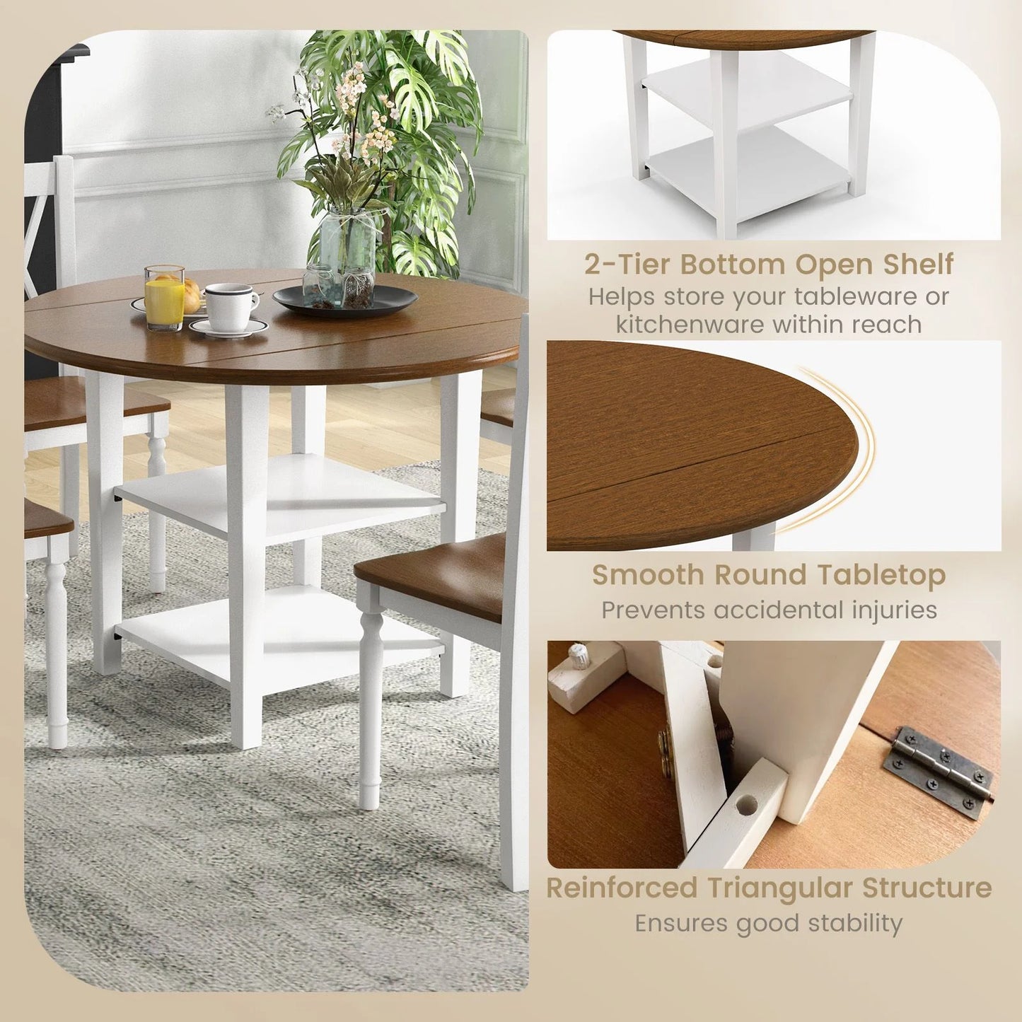 5 Pieces Extendable Dining Table Set with 2-Tier Storage Shelf