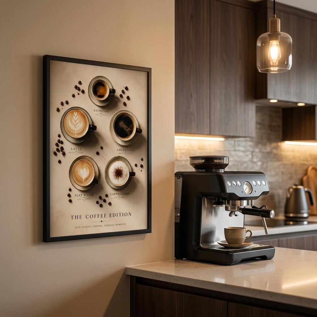 Coffee Guide Poster displayed above a coffee station in a contemporary kitchen with coffee machine and pendant lighting.