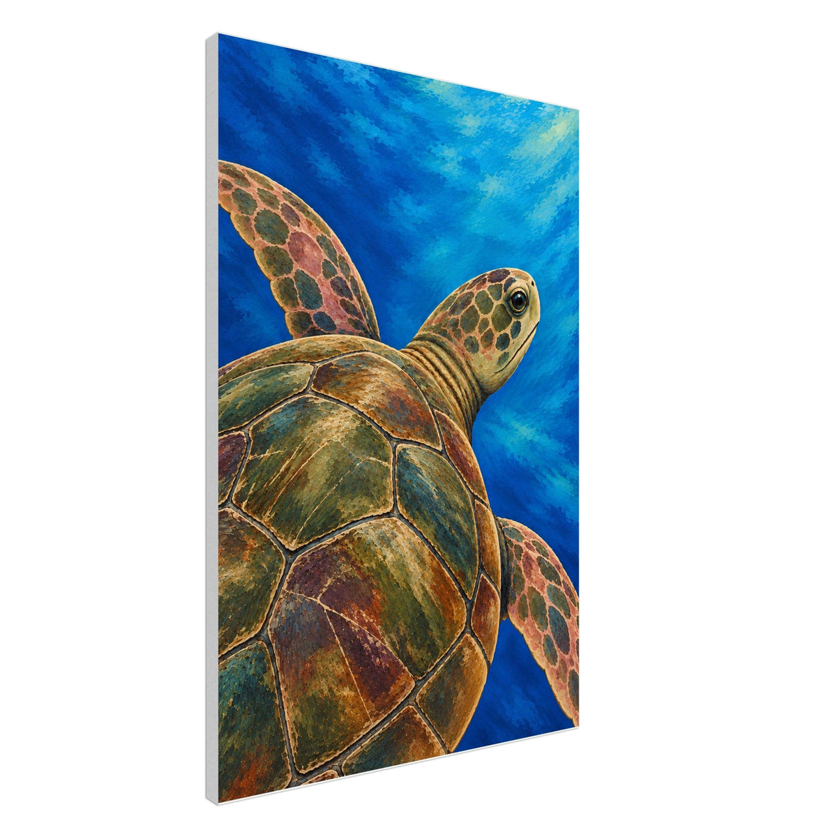 A vertical canvas wall art print depicting a sea turtle swimming underwater against a vibrant blue ocean background, shown at a three-quarter angle on a white studio background.