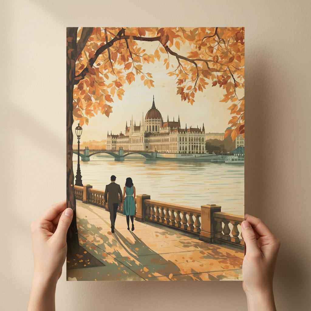 Romantic Budapest wall art print featuring a couple by the Danube with Hungarian Parliament at golden hour