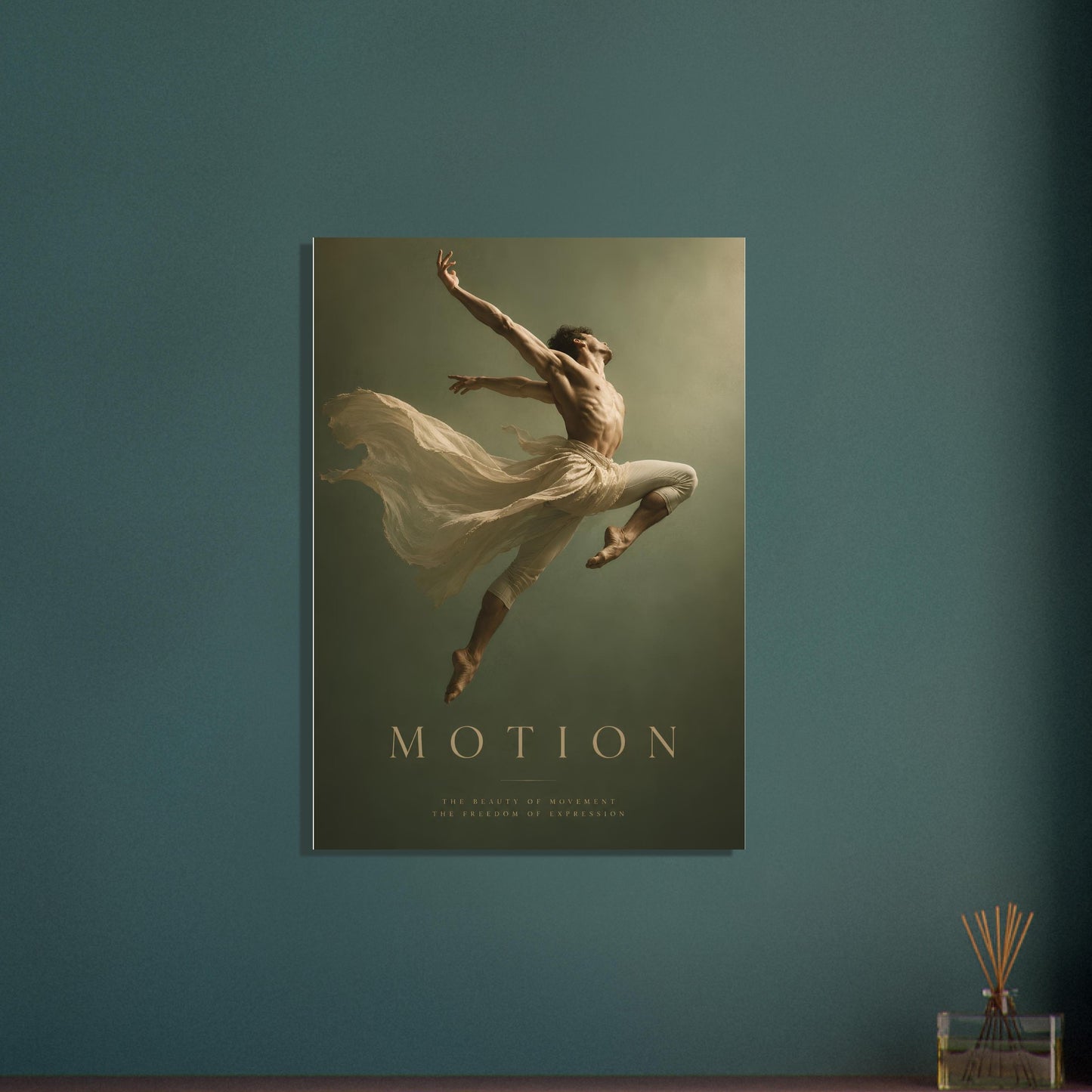 Motion contemporary dance poster displayed on a deep green feature wall, highlighting its elegant movement and sculptural composition.
