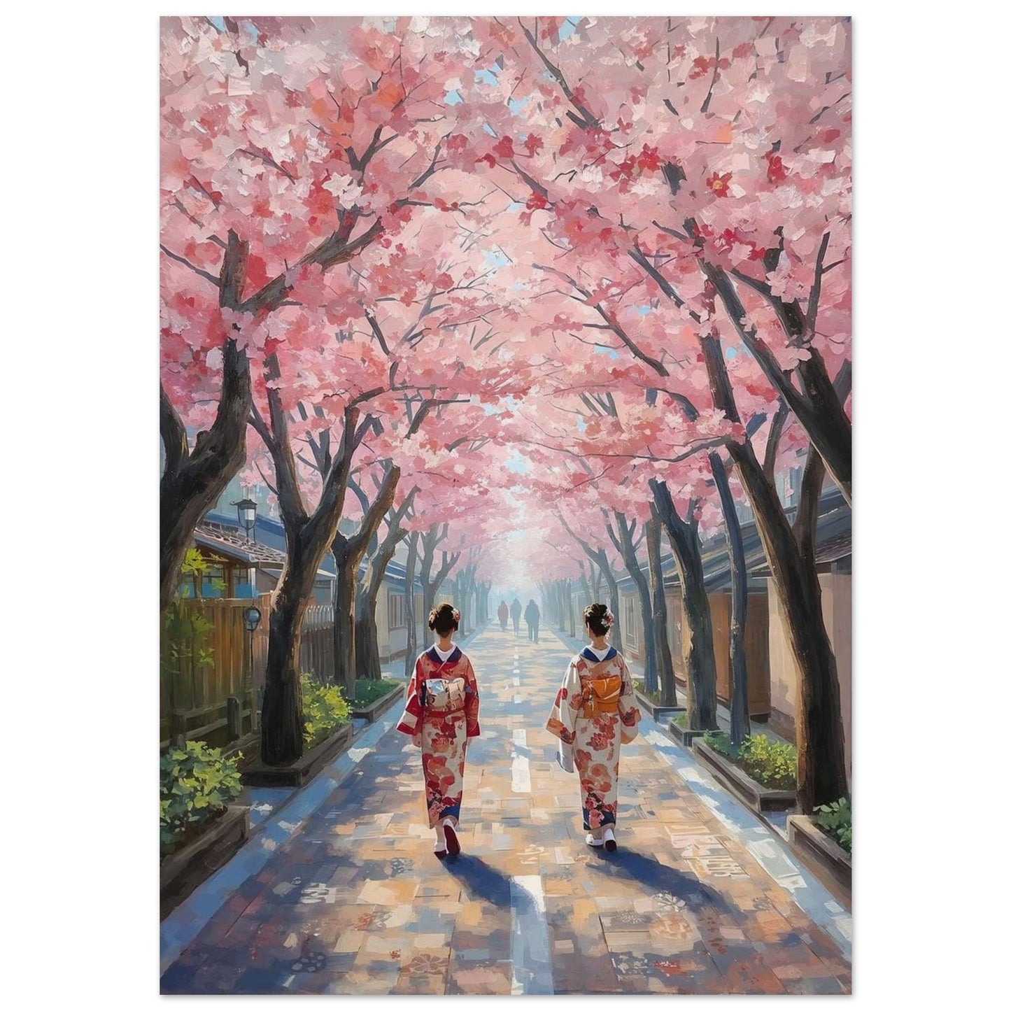 Poster of Two women in traditional Japanese kimono walking under cherry blossom trees.
