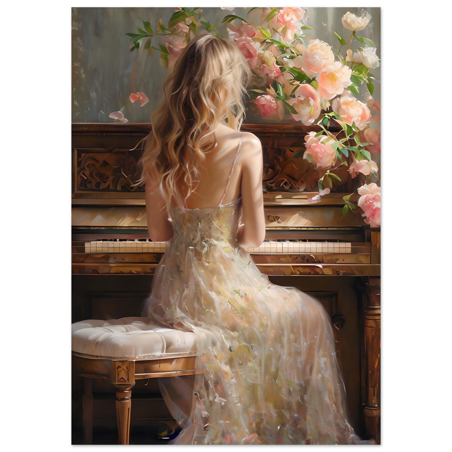 Romantic Piano Poster – Vintage Art Print of Woman with Flowers