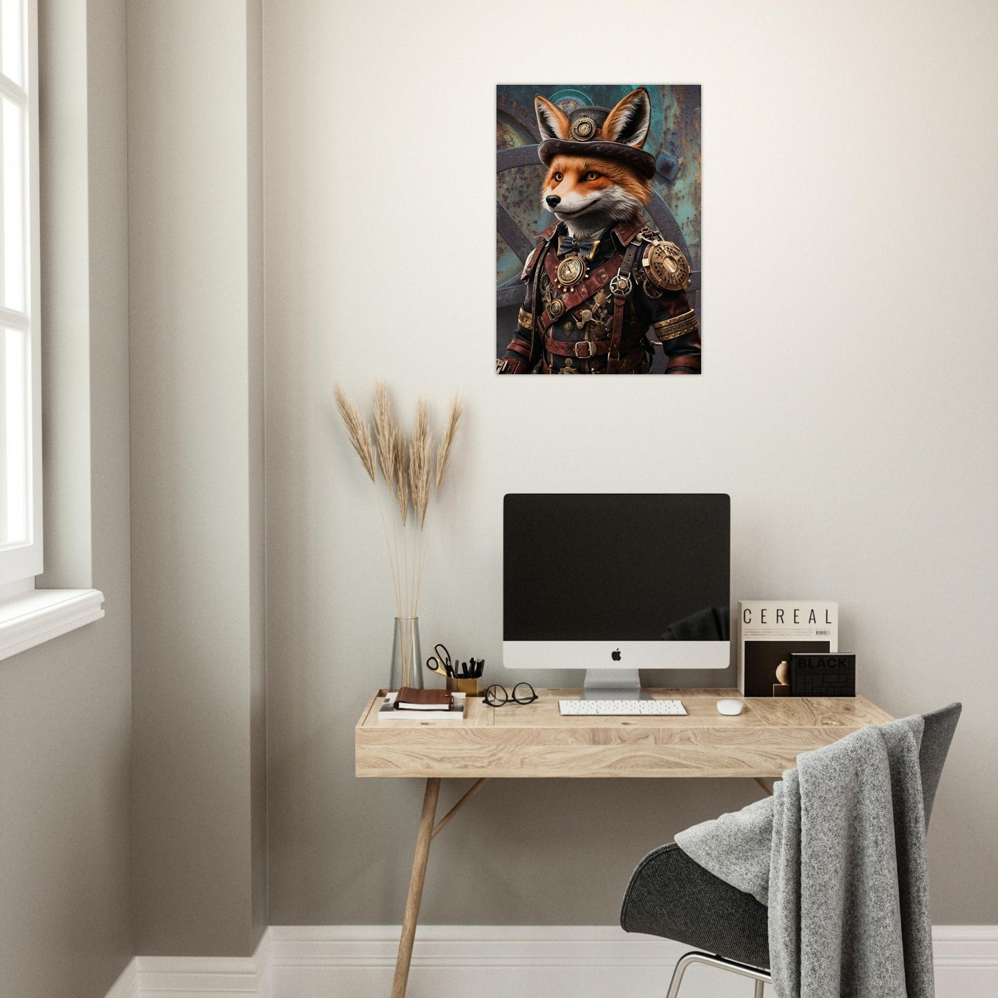 Modern office setup with a desk, computer, and decorative fox painting on the wall.