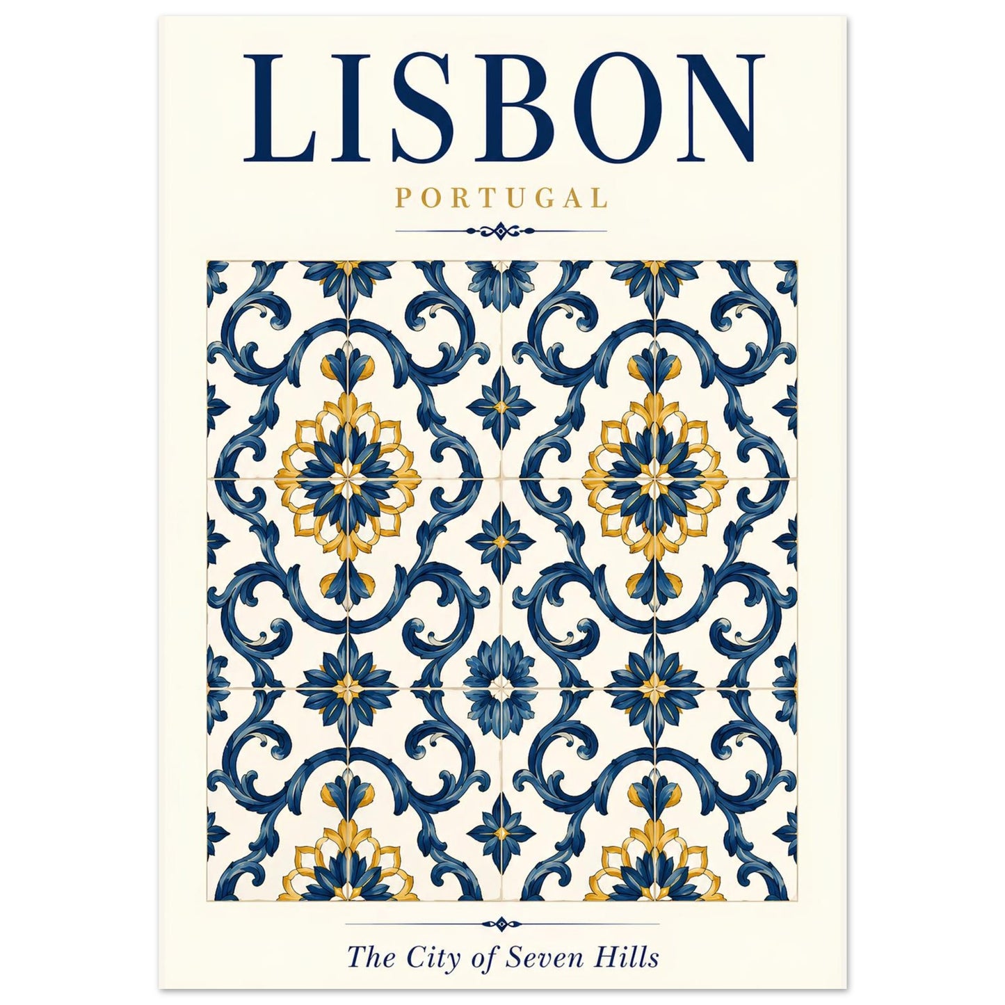 Lisbon wall art print featuring an intricate blue, white and yellow Portuguese azulejo tile design.