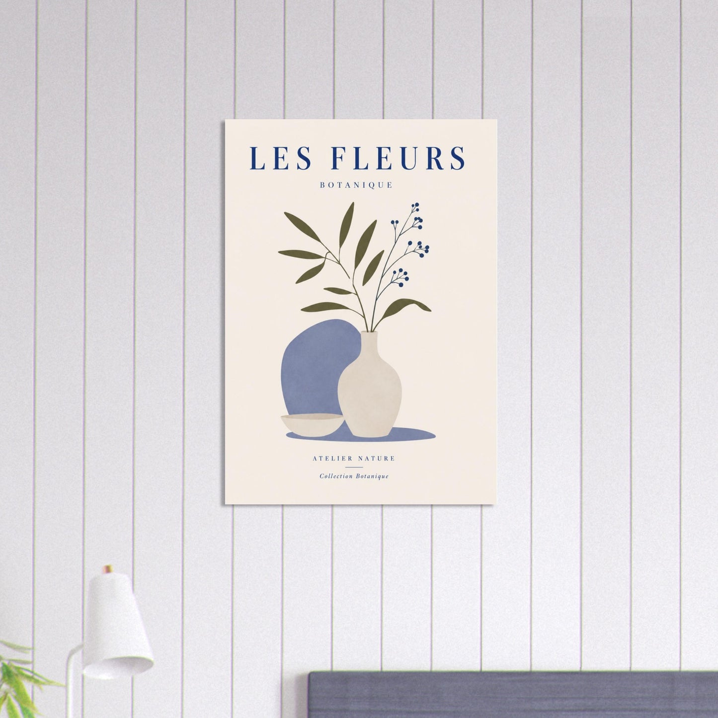 Les Fleurs botanical wall art hanging on striped neutral wall in modern Scandinavian interior