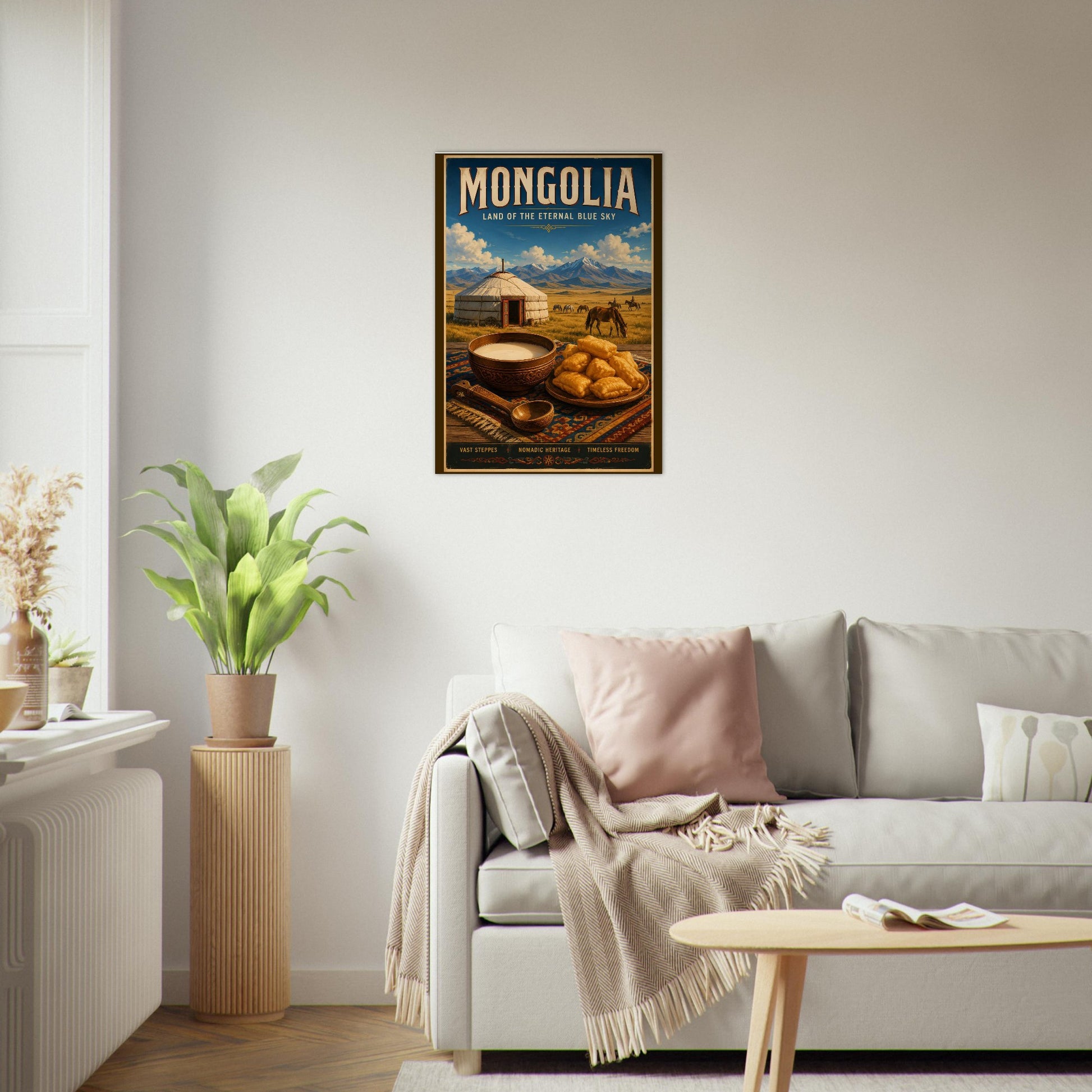 Mongolia travel poster displayed above a sofa in a bright contemporary living room with soft natural tones.