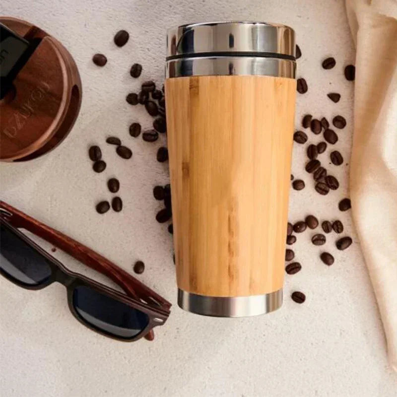 bamboo stainless steel thermos cup eco friendly 450ml travel flask