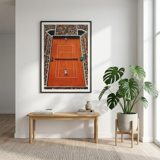 bird’s eye tennis court poster framed on modern wall