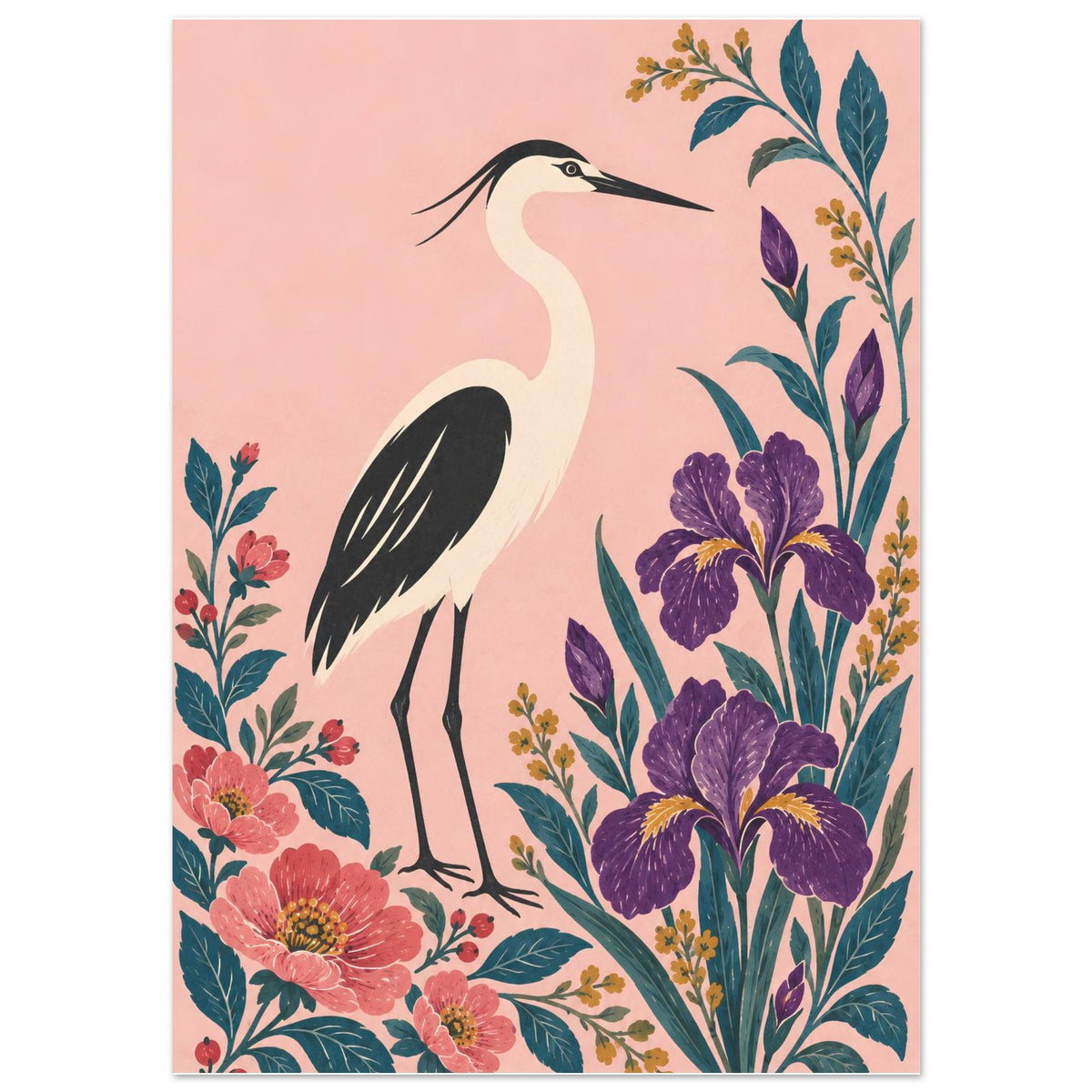 A vertical art print featuring a heron standing among stylized flowers, including purple irises, pink blossoms, and green foliage, set against a soft pink background.