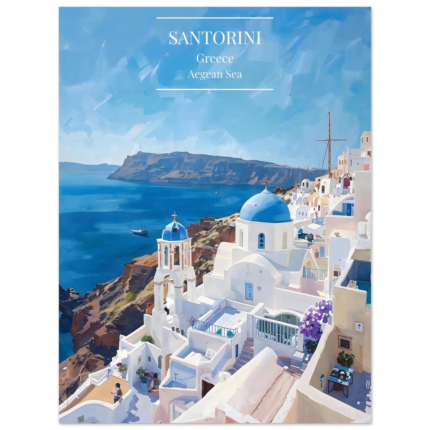Santorini, Greece with iconic blue-domed churches and Aegean Sea view.