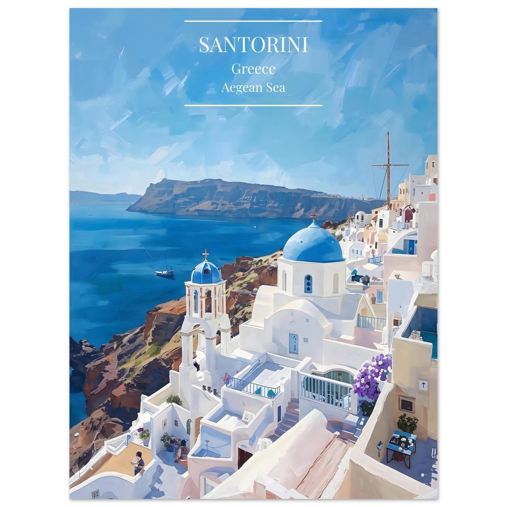 Santorini, Greece with iconic blue-domed churches and Aegean Sea view.