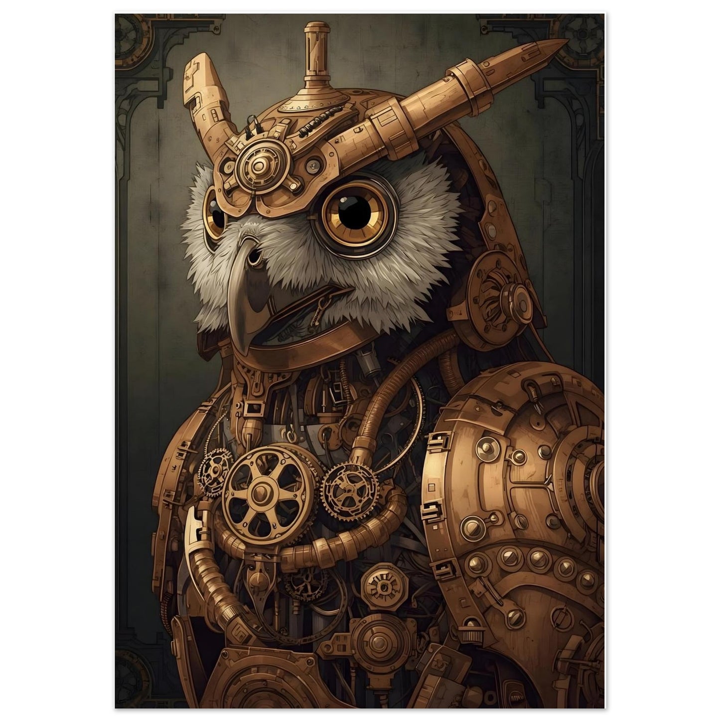 Steampunk-style owl with mechanical elements on a dark background