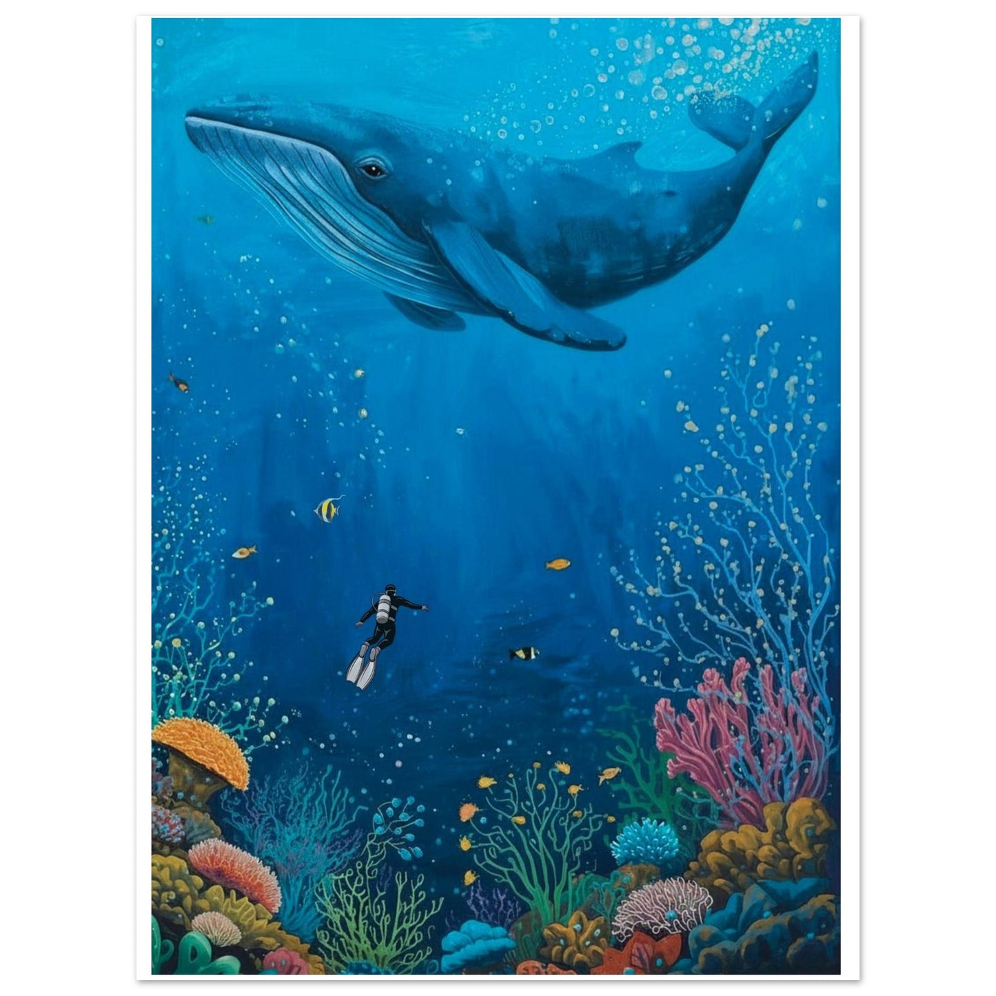 Whale swimming above a diver and colorful coral reef underwater scene
