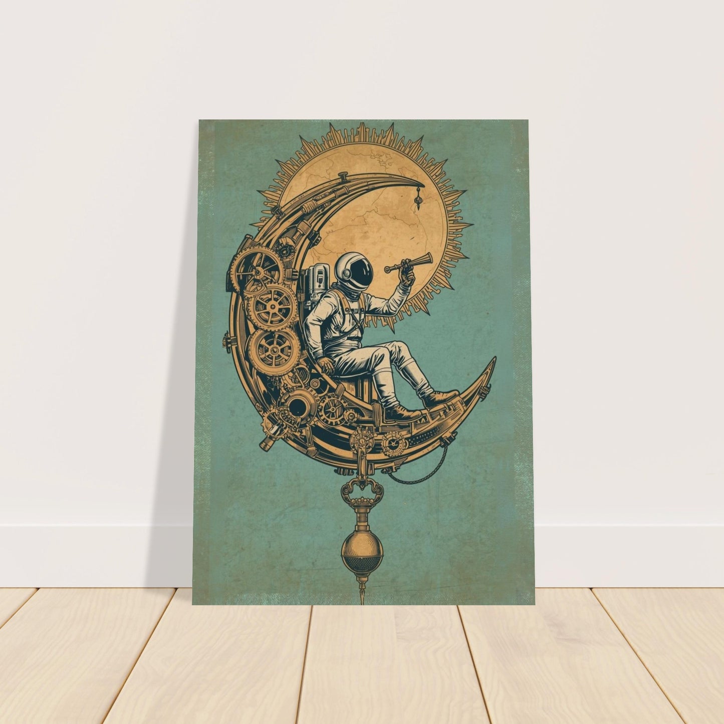 Steampunk-style poster with an astronaut on a crescent moon against a green background