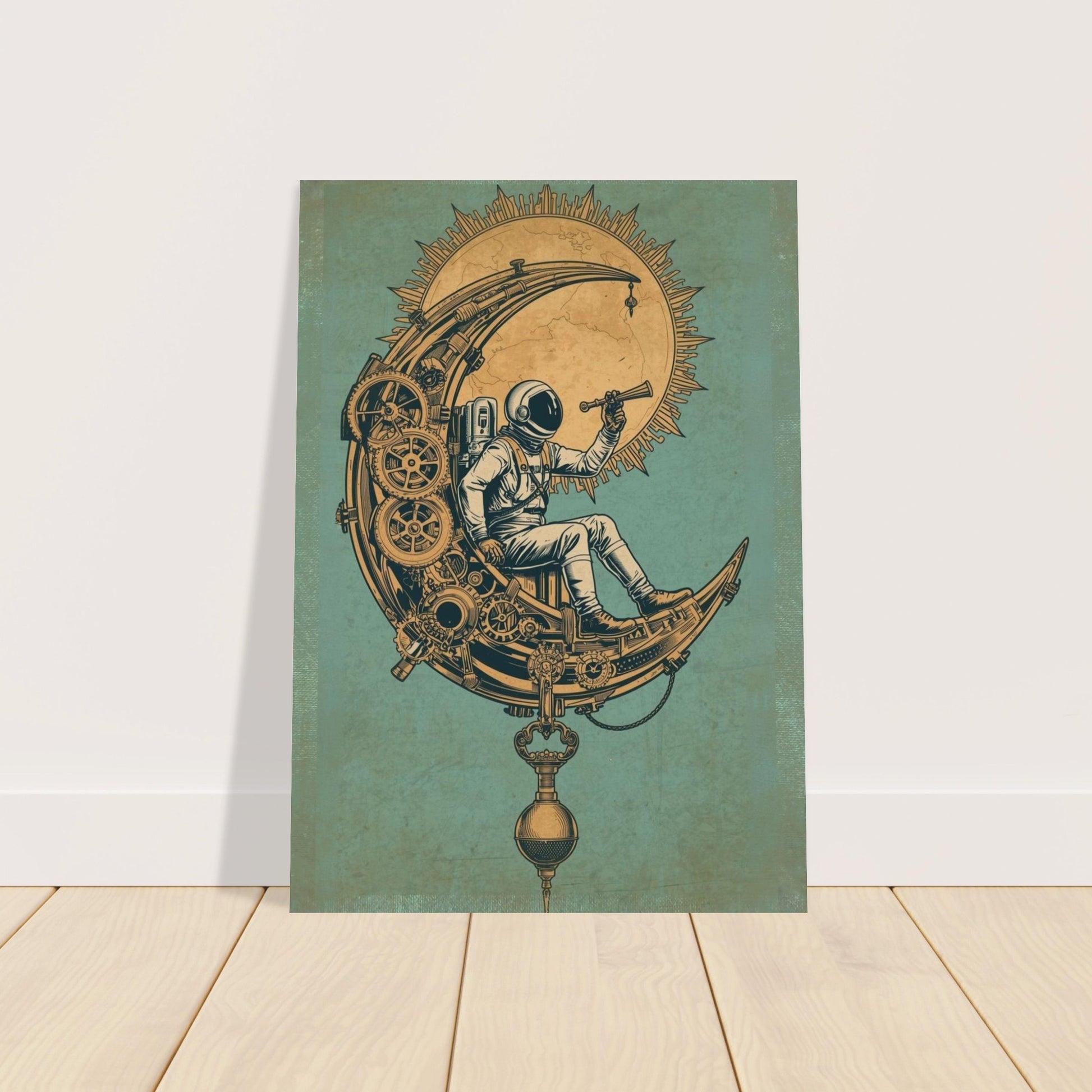 Steampunk-style poster with an astronaut on a crescent moon against a green background