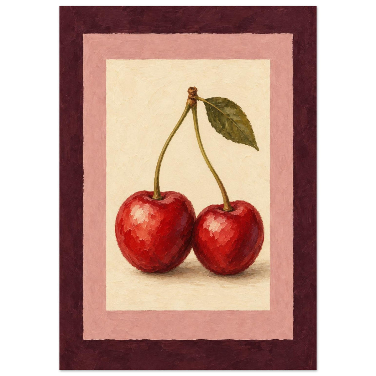 A framed-style art print featuring two red cherries with green stems and leaves on a cream background, surrounded by a pink inner border and a dark burgundy outer border.