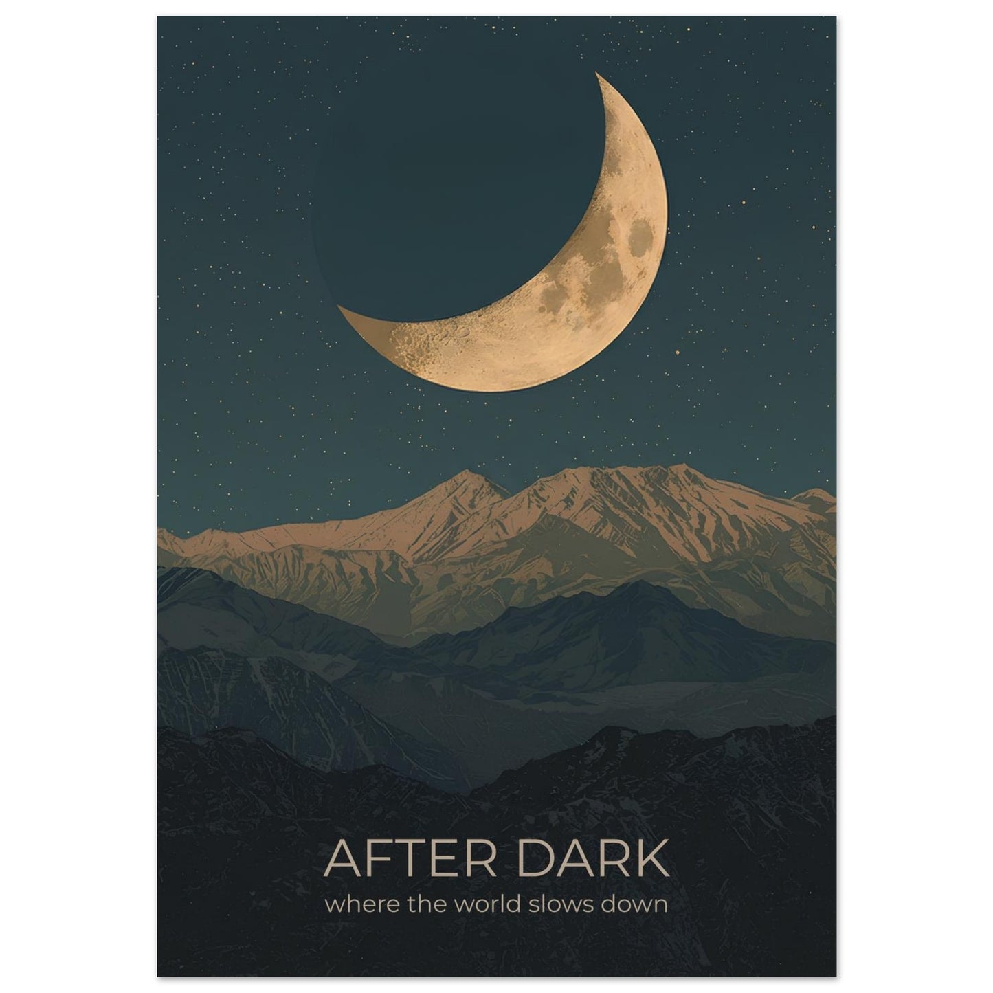Close-up of After Dark moon wall art featuring a glowing crescent moon above layered mountains in deep navy and teal tones.