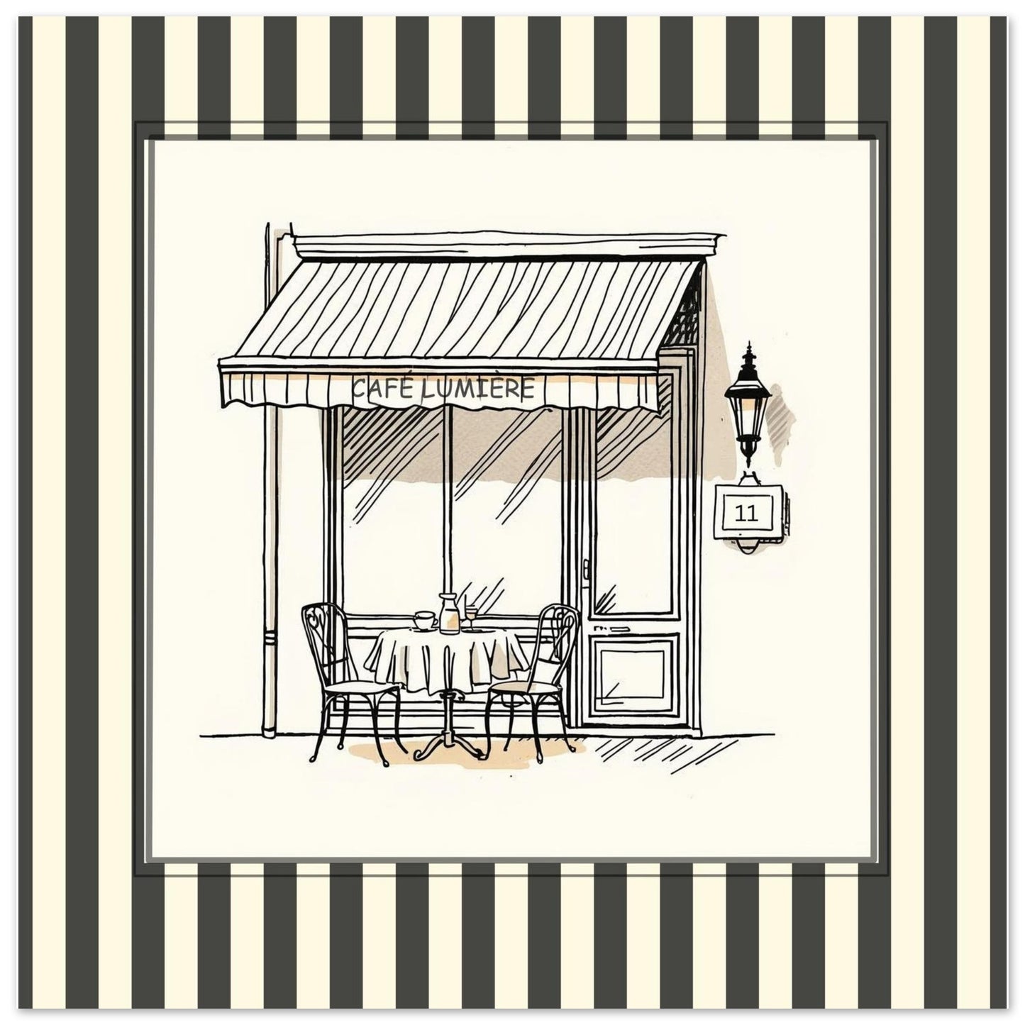 Close-up of Café Lumière Paris square art print with striped border