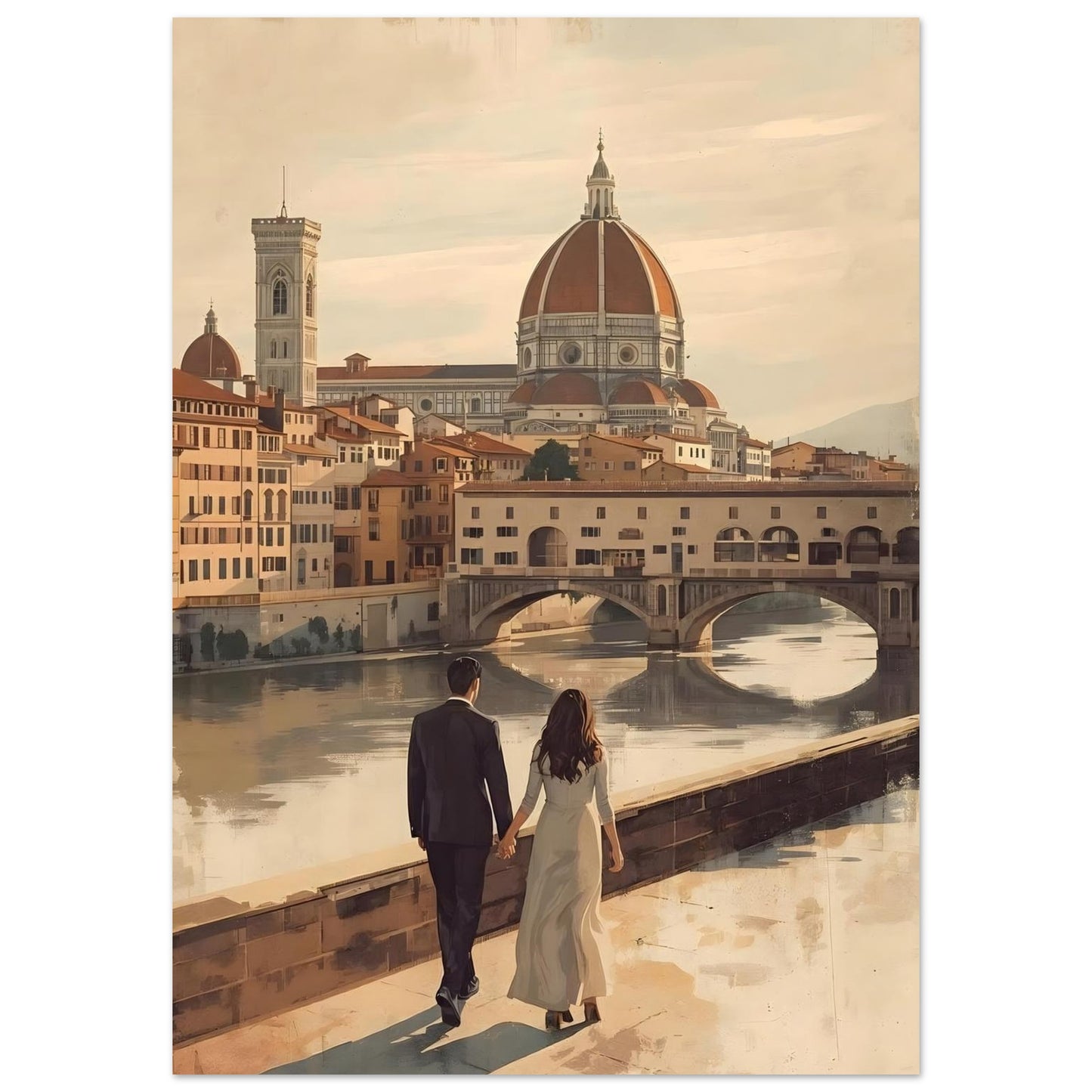 Romantic Florence wall art featuring a couple by the Arno River with the Duomo and Ponte Vecchio in warm vintage tones. Elegant Italian city decor.
