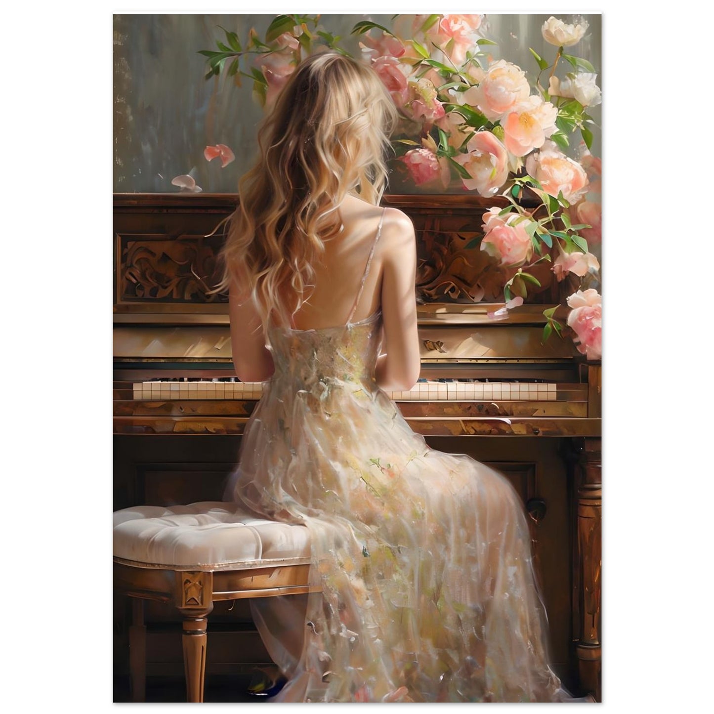 Romantic Piano Poster – Vintage Art Print of Woman with Flowers
