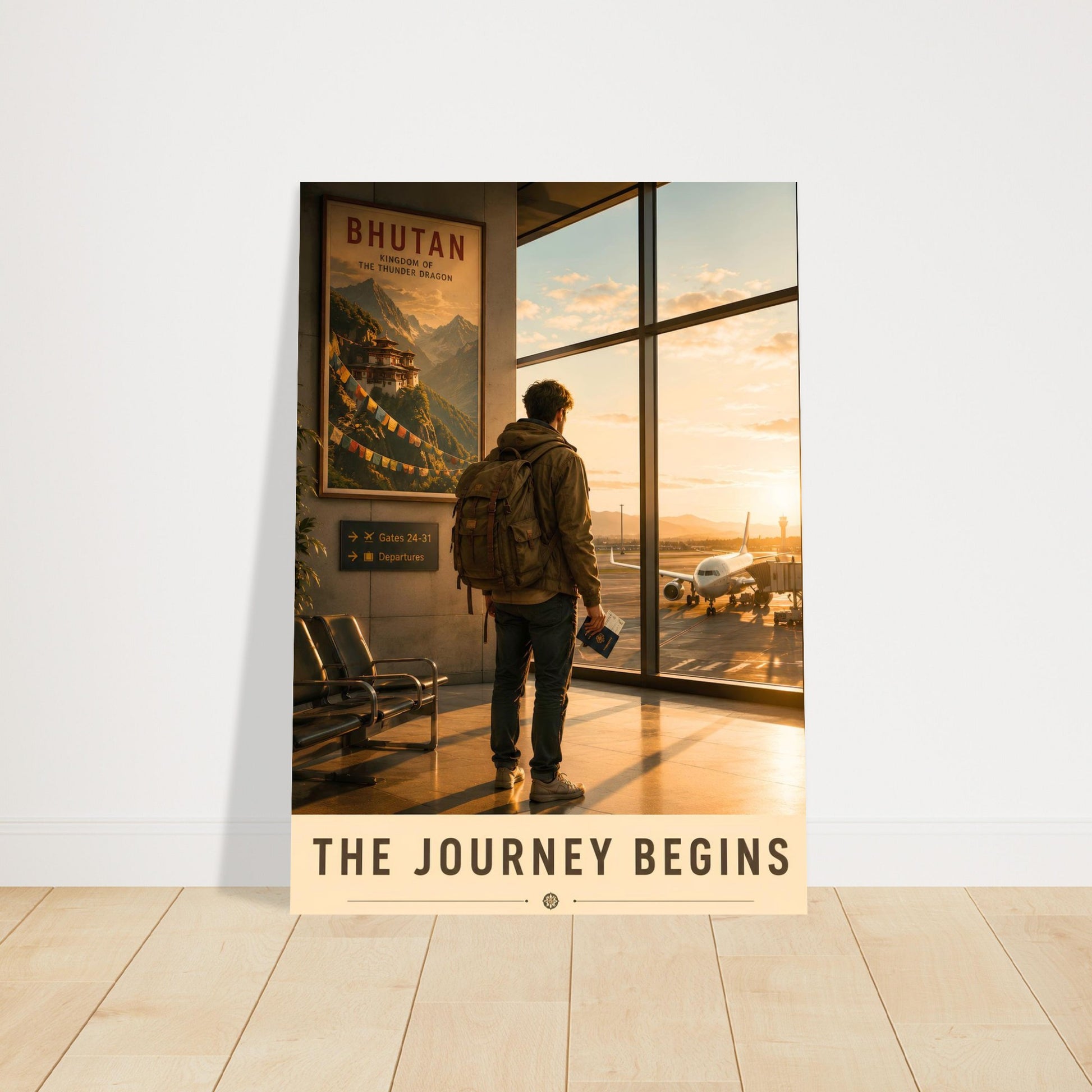 The Journey Begins adventure travel poster displayed in a modern living room with warm neutral décor and wooden flooring.
