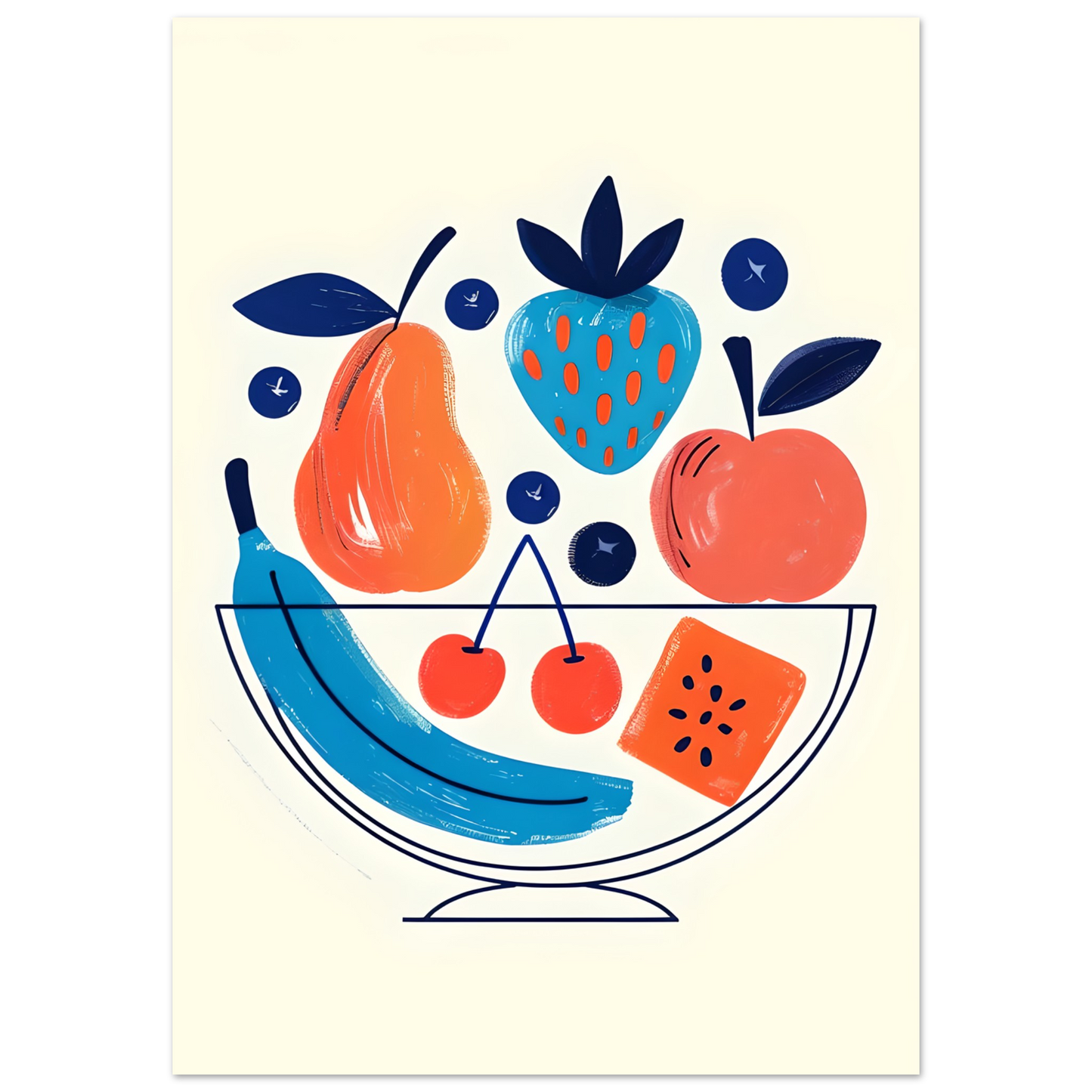 Illustration of a fruit bowl with a pear, strawberry, apple, banana, cherries, and watermelon on a beige background.