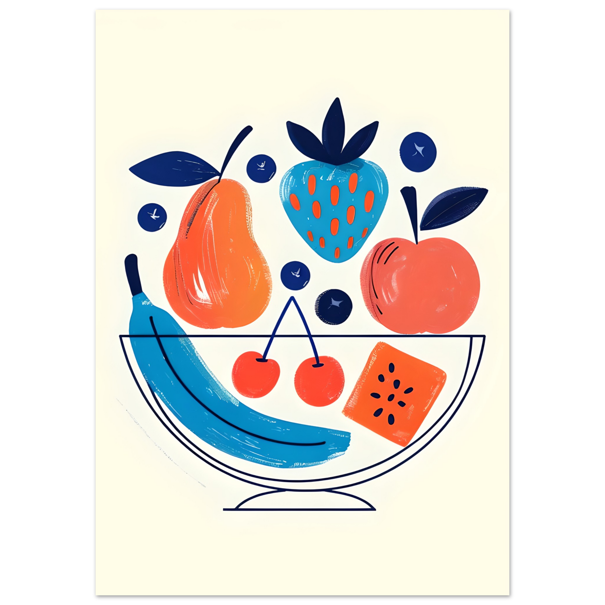 Illustration of a fruit bowl with a pear, strawberry, apple, banana, cherries, and watermelon on a beige background.