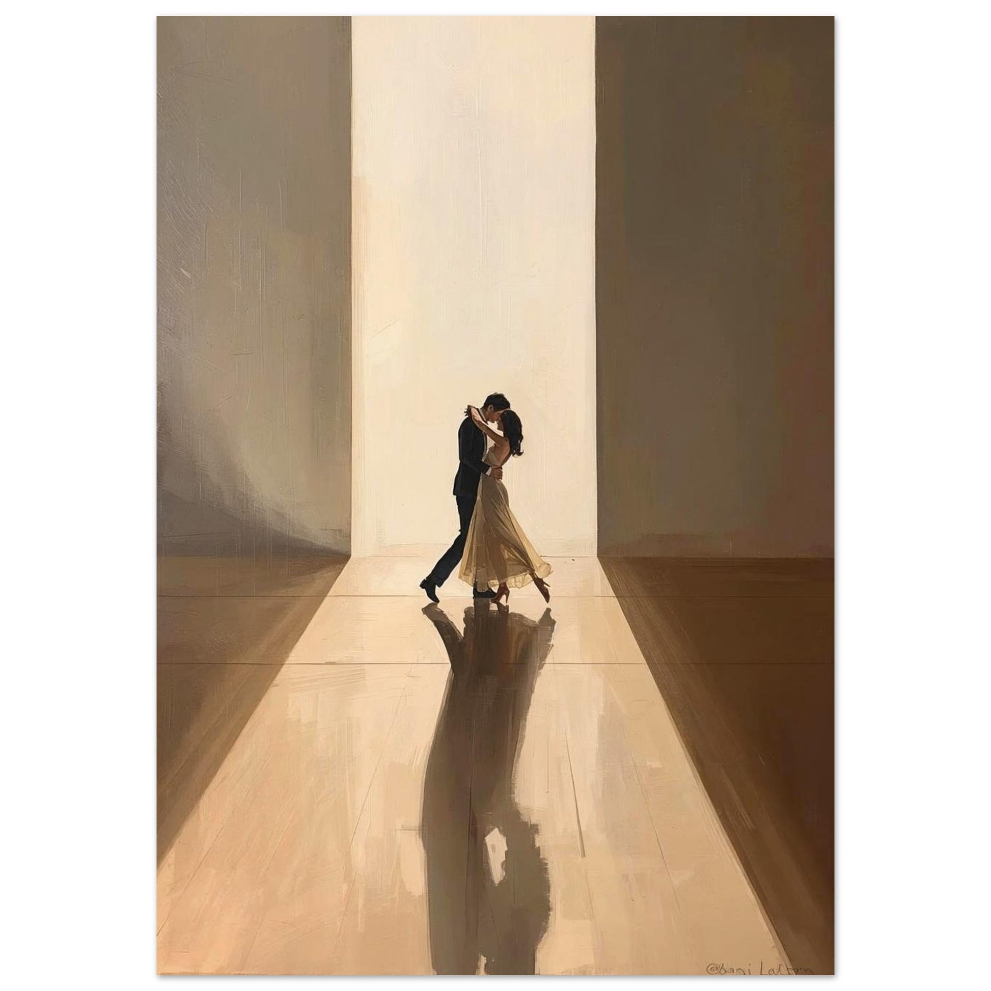 Two people embracing in a sunlit hallway with long shadows