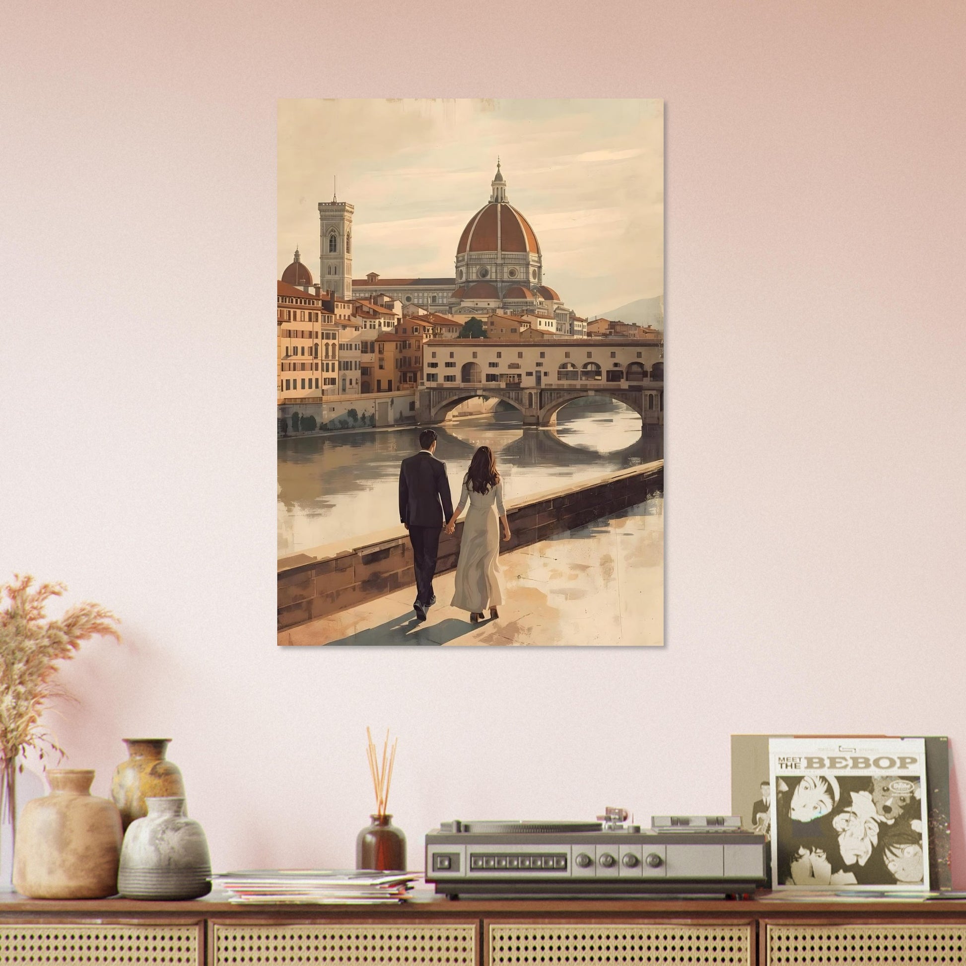 Romantic Florence wall art featuring a couple by the Arno River with the Duomo and Ponte Vecchio in warm vintage tones. Elegant Italian city decor.