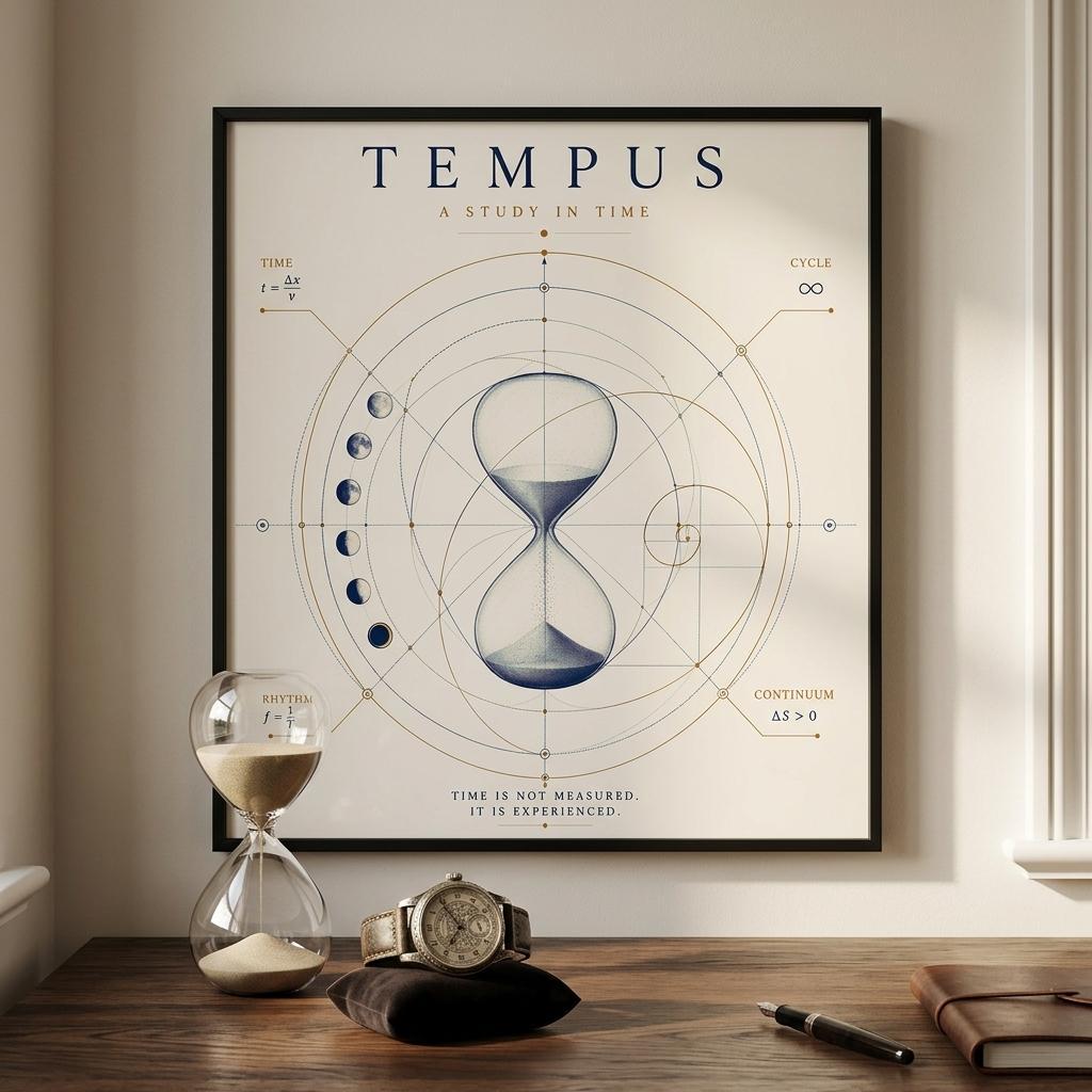 Minimalist hourglass wall art with geometric time-inspired design displayed above a desk in a modern home office.