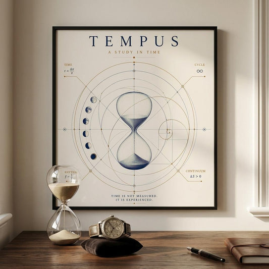 Minimalist hourglass wall art with geometric time-inspired design displayed above a desk in a modern home office.