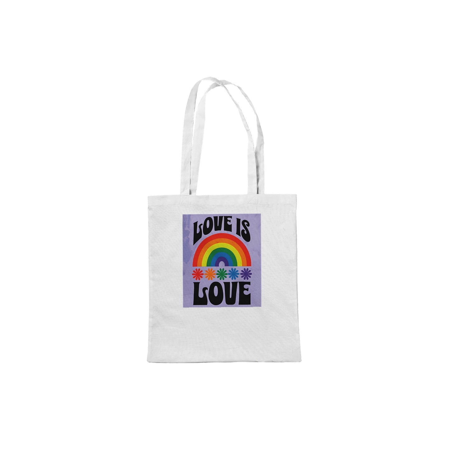 White tote bag with 'Love is Love' design featuring a rainbow and flowers on a white background