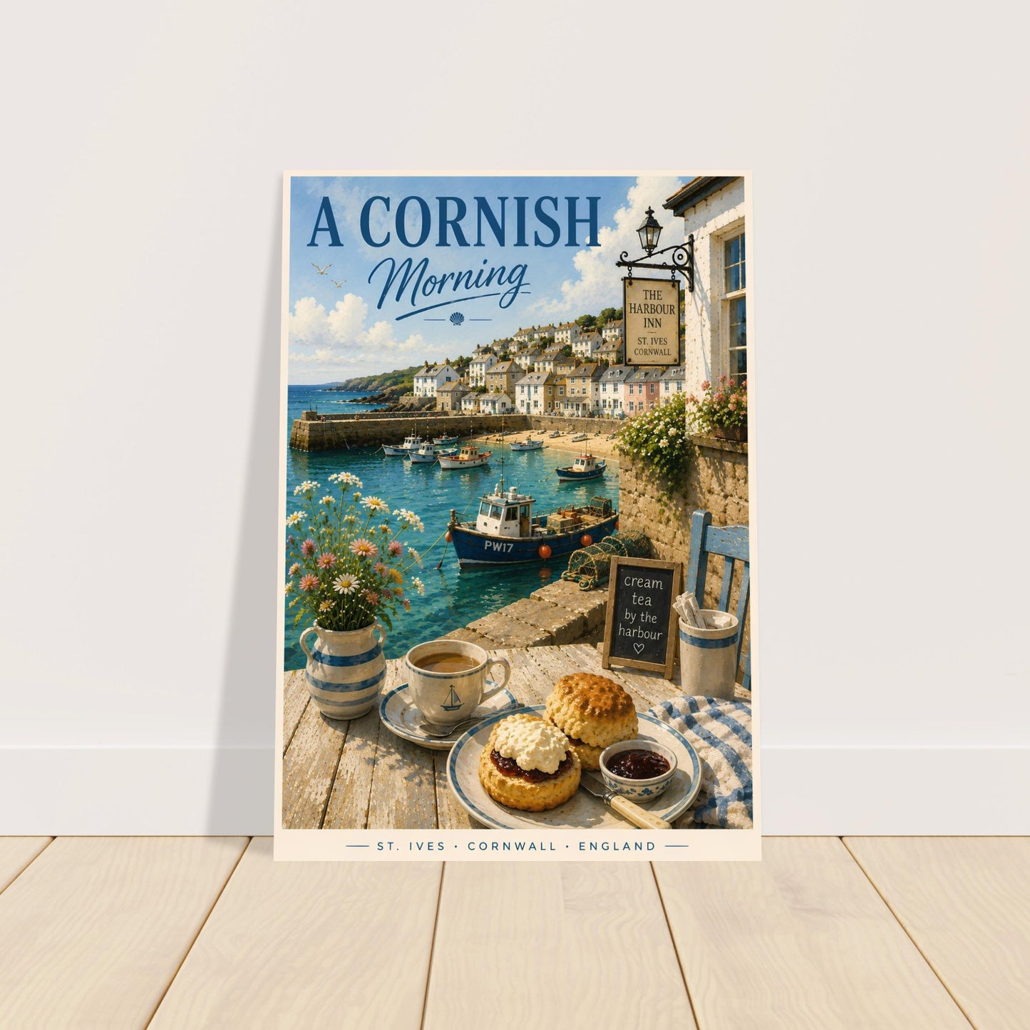 Poster of a Cornish morning scene with a coastal village, boats, and a table with tea and scones.