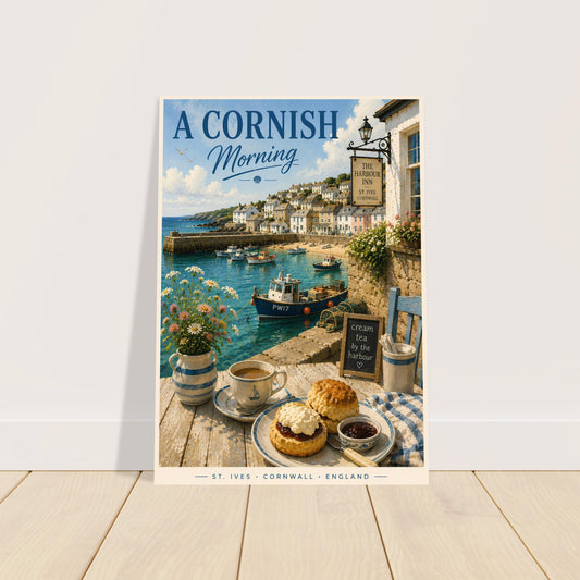 Poster of a Cornish morning scene with a coastal village, boats, and a table with tea and scones.
