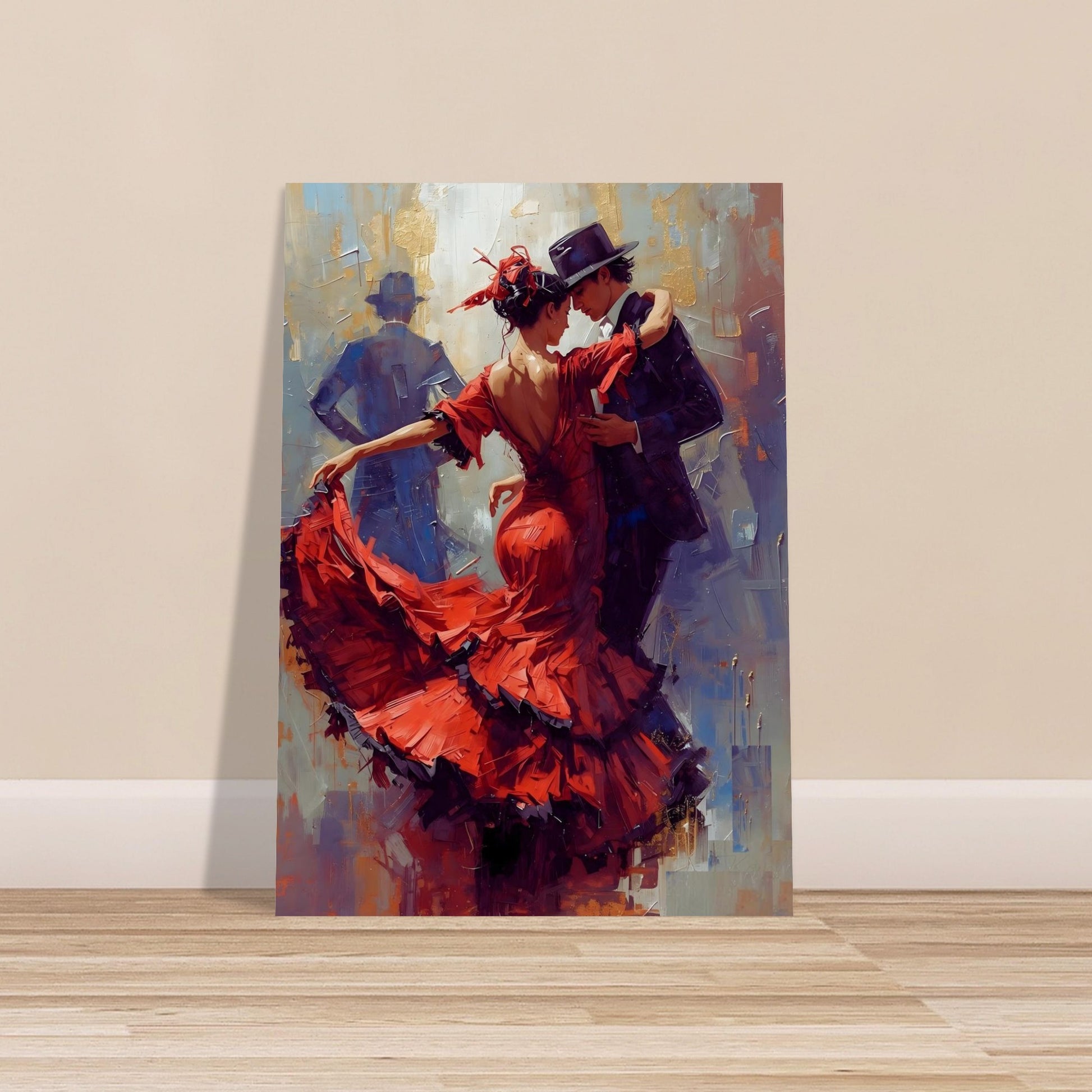 Painting of a couple dancing with a woman in a red dress on a wooden floor.