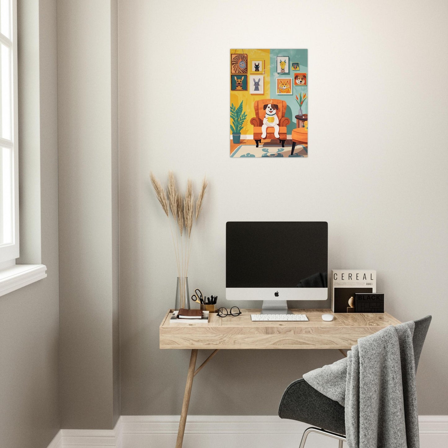 Modern home office with a desk, computer monitor, and decorative wall art.