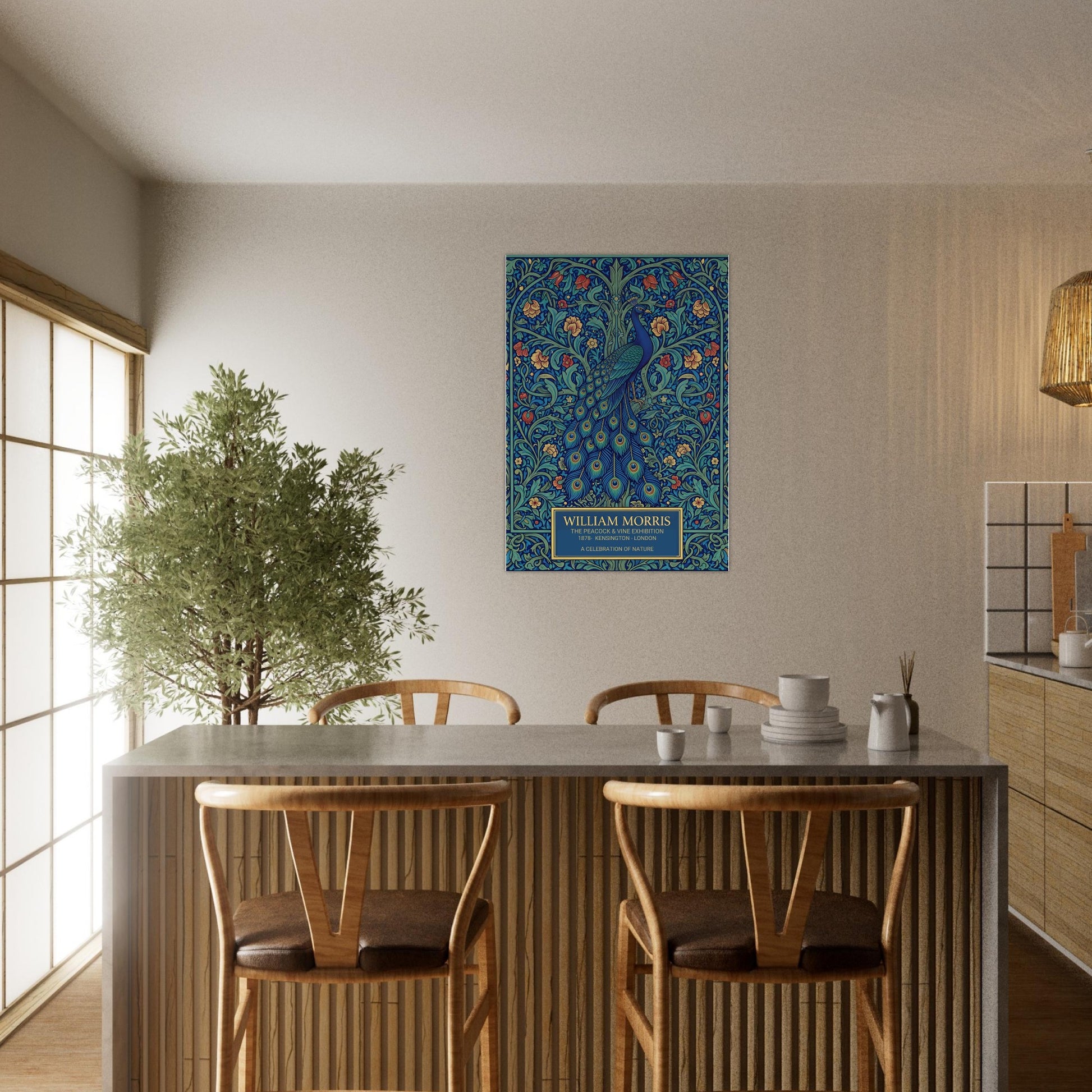 Vintage William Morris exhibition poster of a blue peacock with a long, detailed tail, surrounded by intricate green vines and orange flowers on a dark teal background. Cream-colored text at the bottom reads William Morris The Peacock and Vine Exhibition.