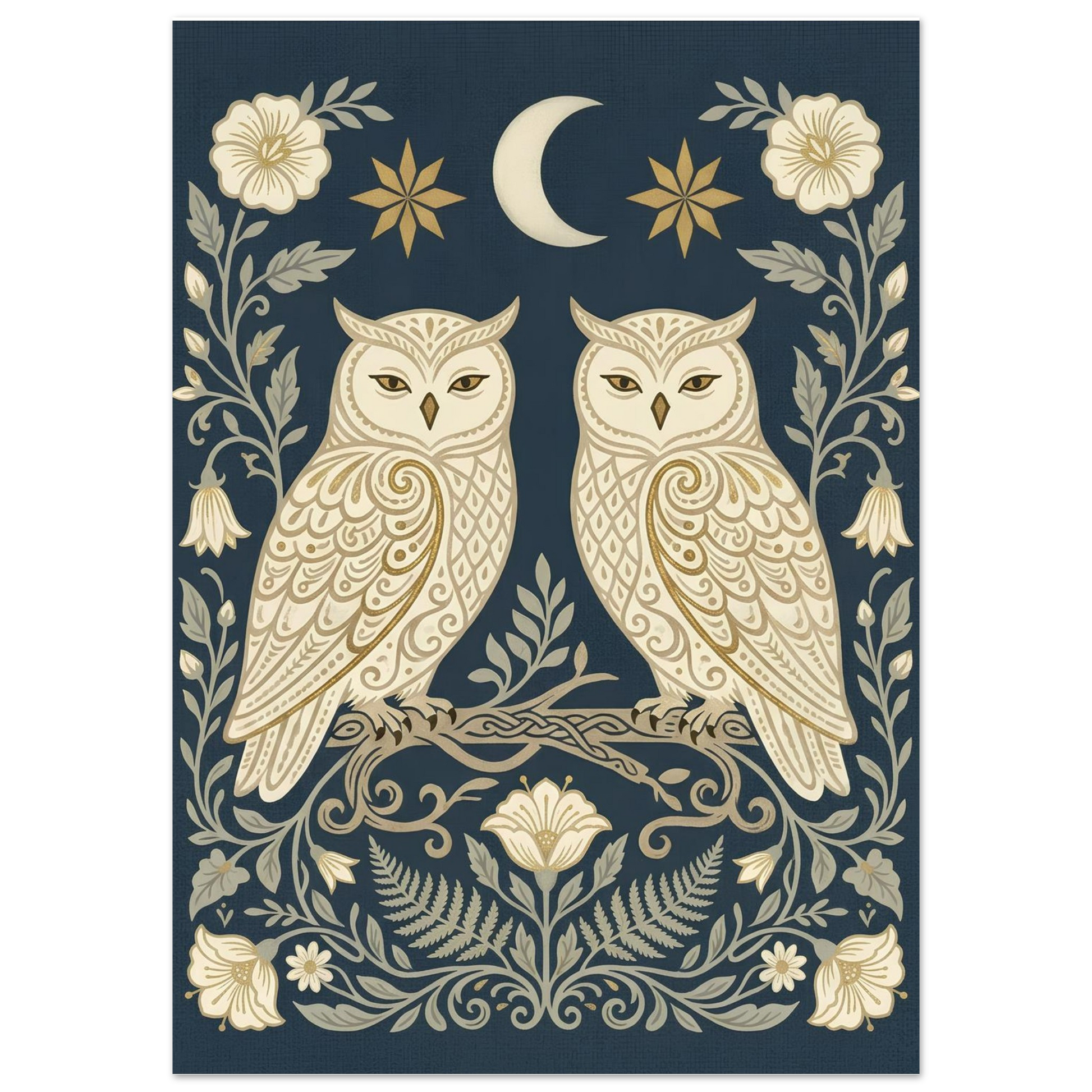 Close-up of Owls & Moonflowers wall art featuring symmetrical cream owls, moonflowers and celestial details on a navy background.