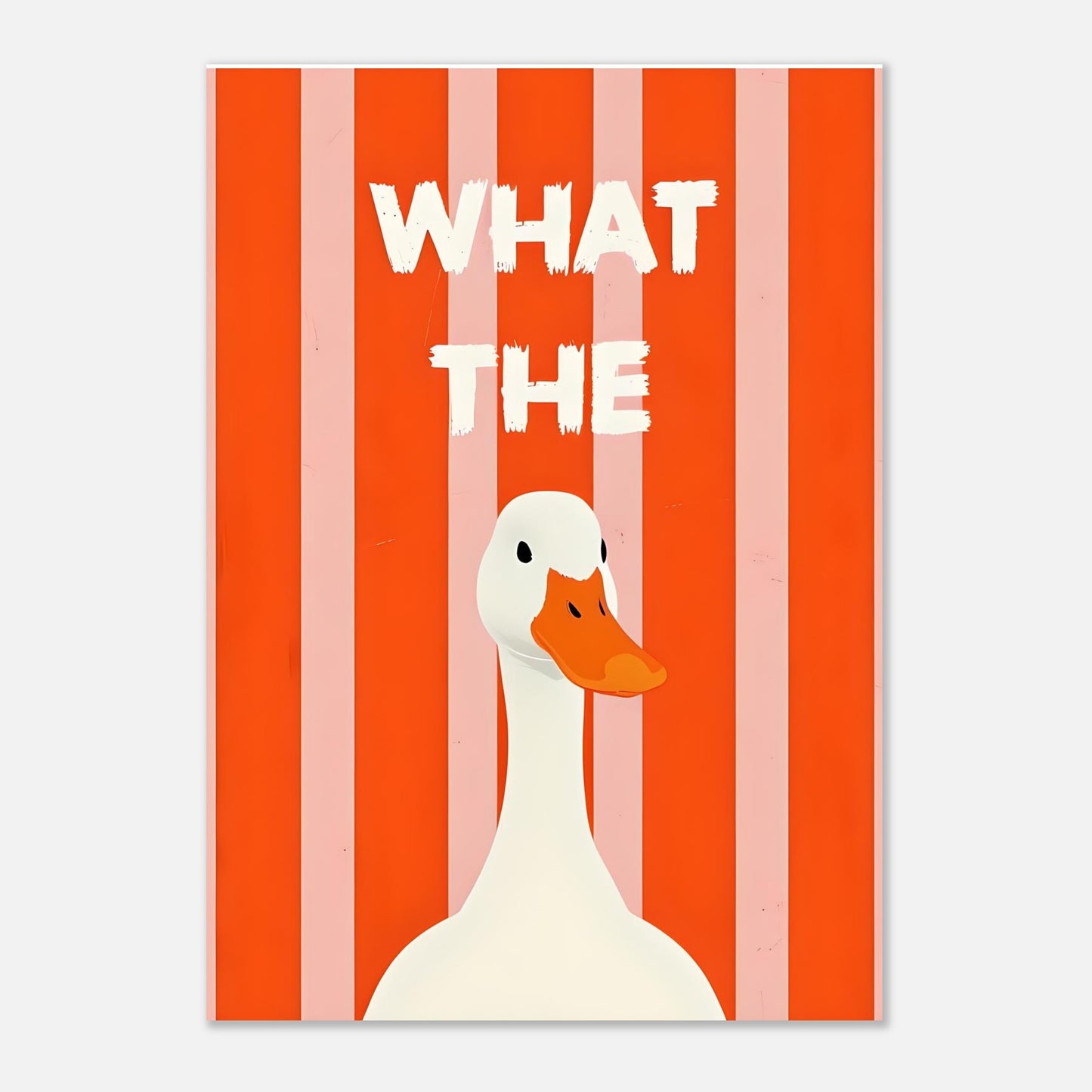 Cartoon duck with 'WHAT THE' text on a striped background